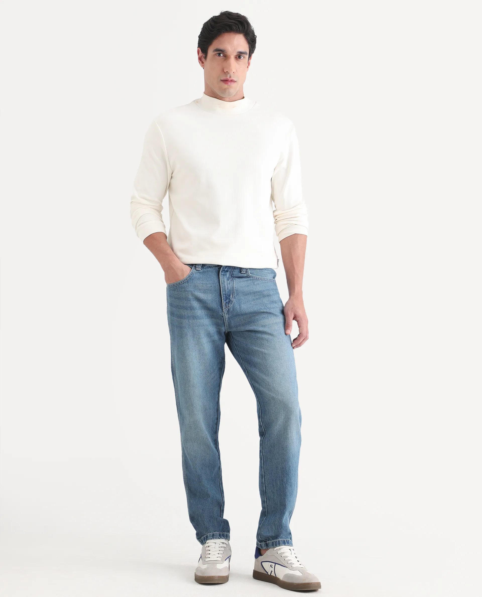 Rare Rabbit Men's Denis K Blue Cotton Blend Fabric Kurt Carrot Fit Plain Jeans - Image 7