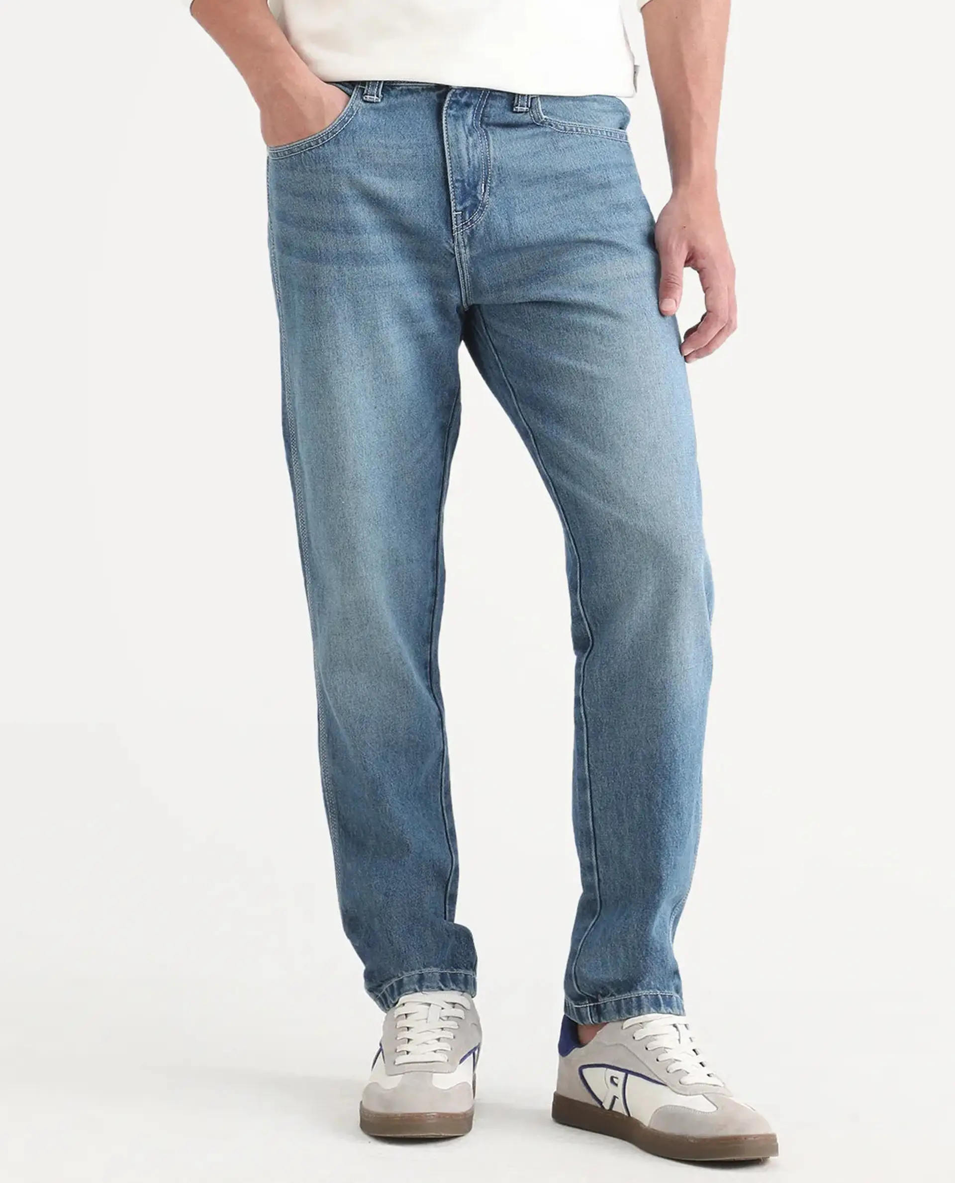 Rare Rabbit Men's Denis K Blue Cotton Blend Fabric Kurt Carrot Fit Plain Jeans - Image 9