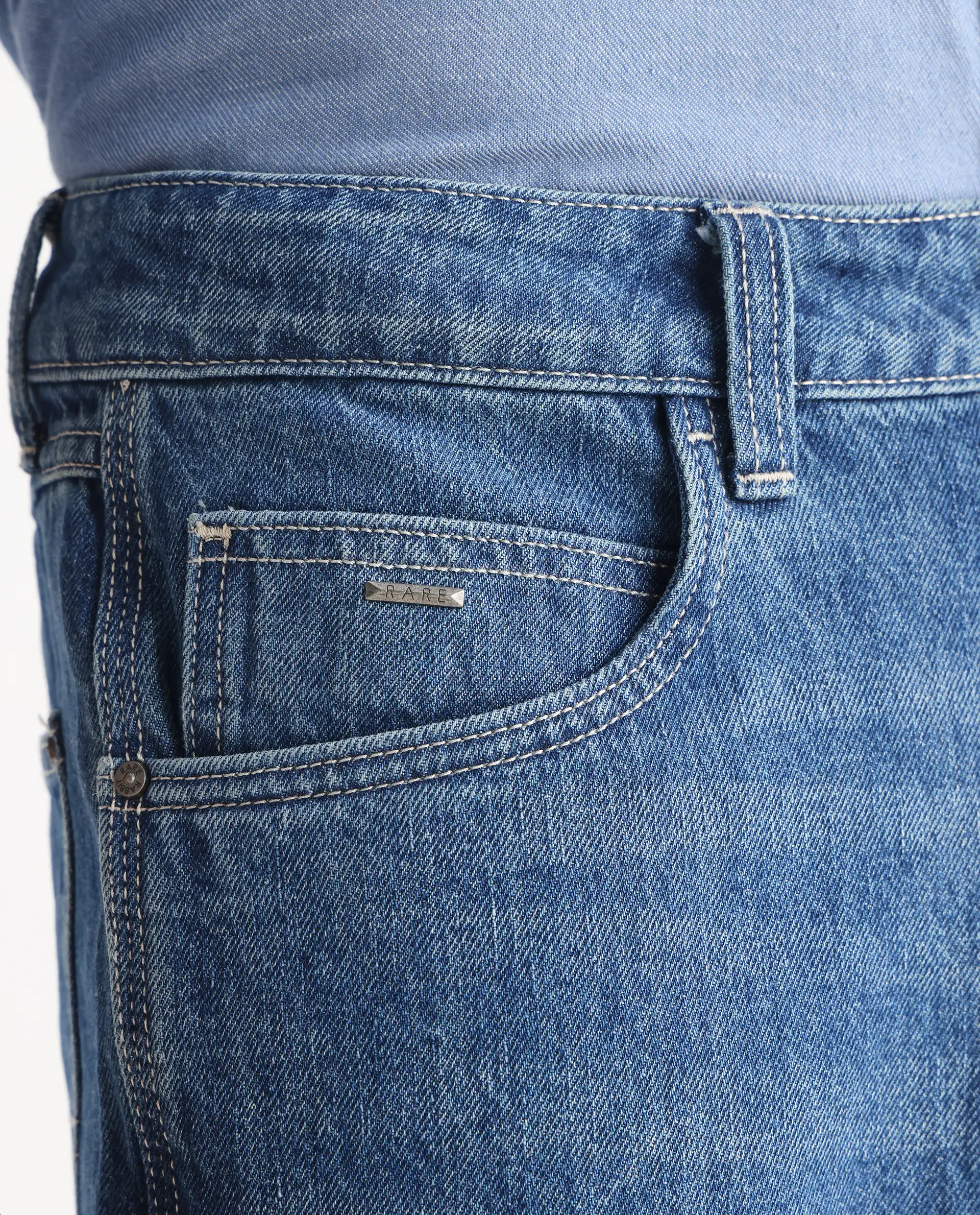 Rare Rabbit Men's Denis Blue Cotton Plain Morris Regular Fit Jeans - Image 8