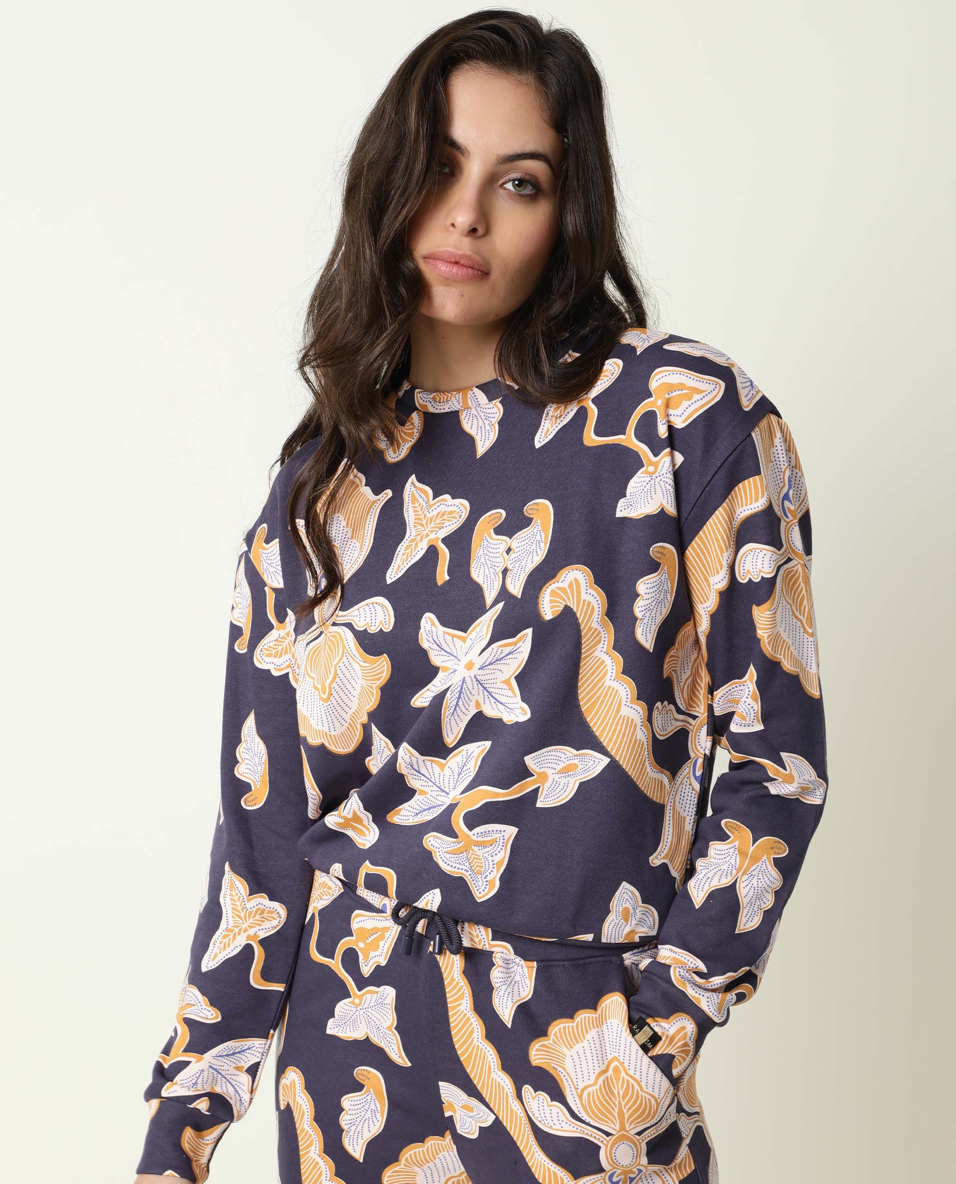 Rareism Women's Denise Navy Cotton Crew Neck Abstract Print Relaxed Fit Sweatshirt - Image 6