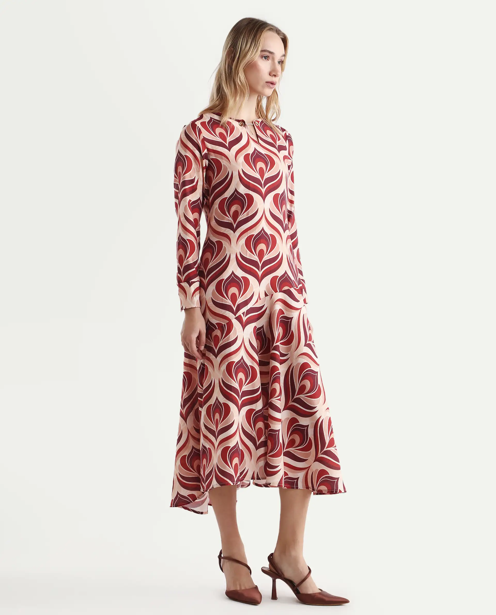 Rareism Women's Denizli Dark Beige Polyester V-Neck Floral Print Midi A-Line Dress - Image 6