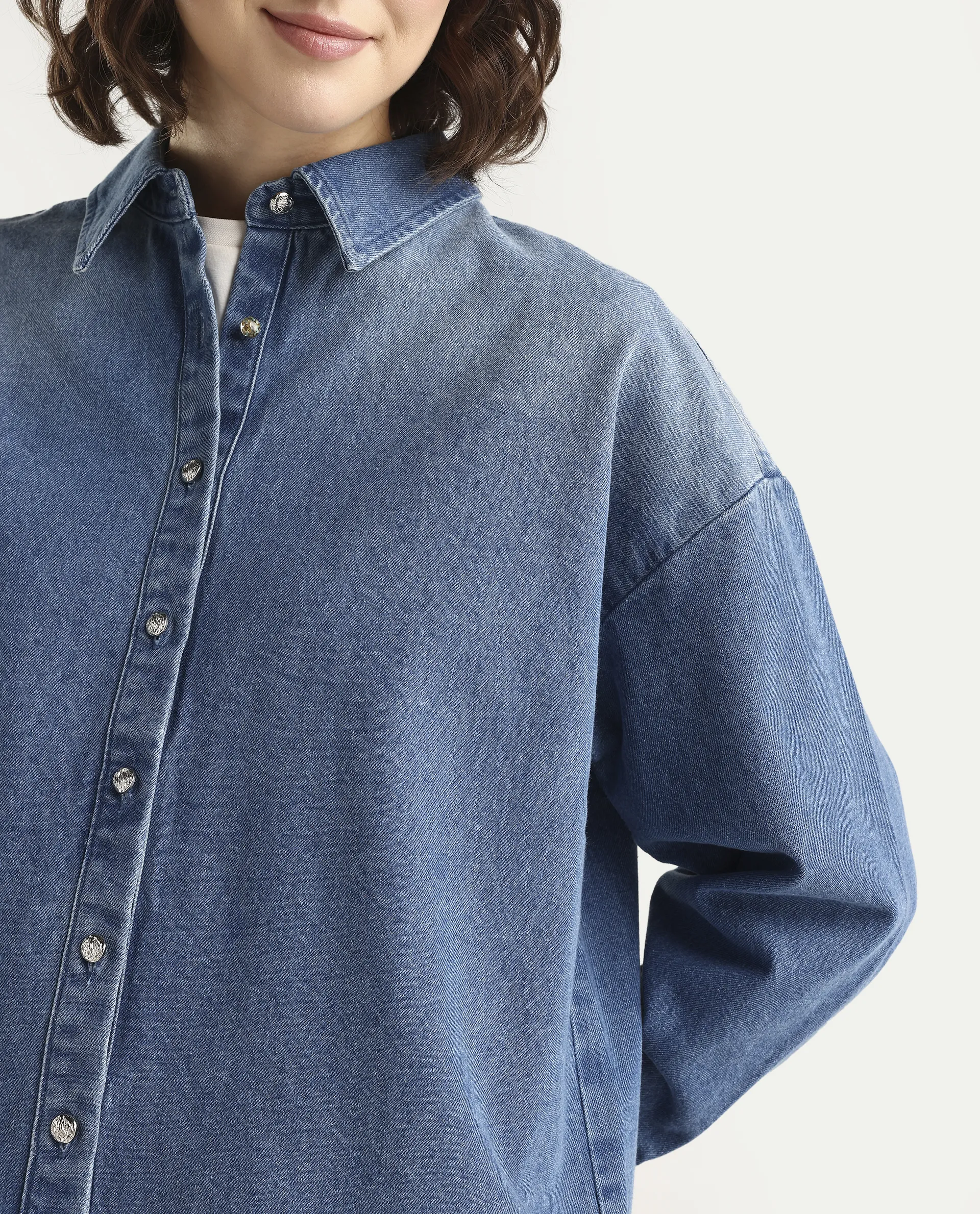 Rareism Women's Denjon Blue Full Sleeve Relaxed Fit Plain Shirt - Image 4