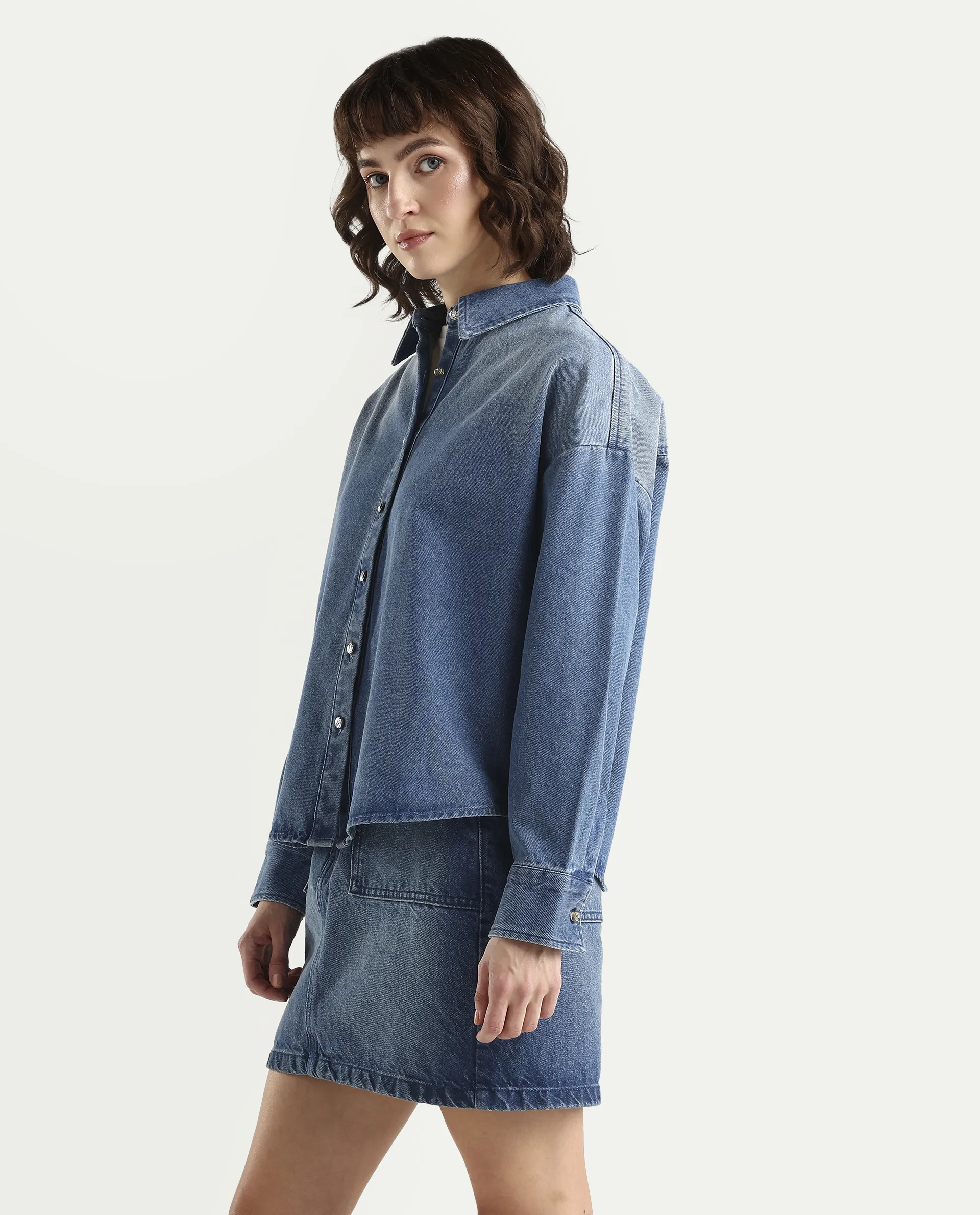 Rareism Women's Denjon Blue Full Sleeve Relaxed Fit Plain Shirt - Image 5