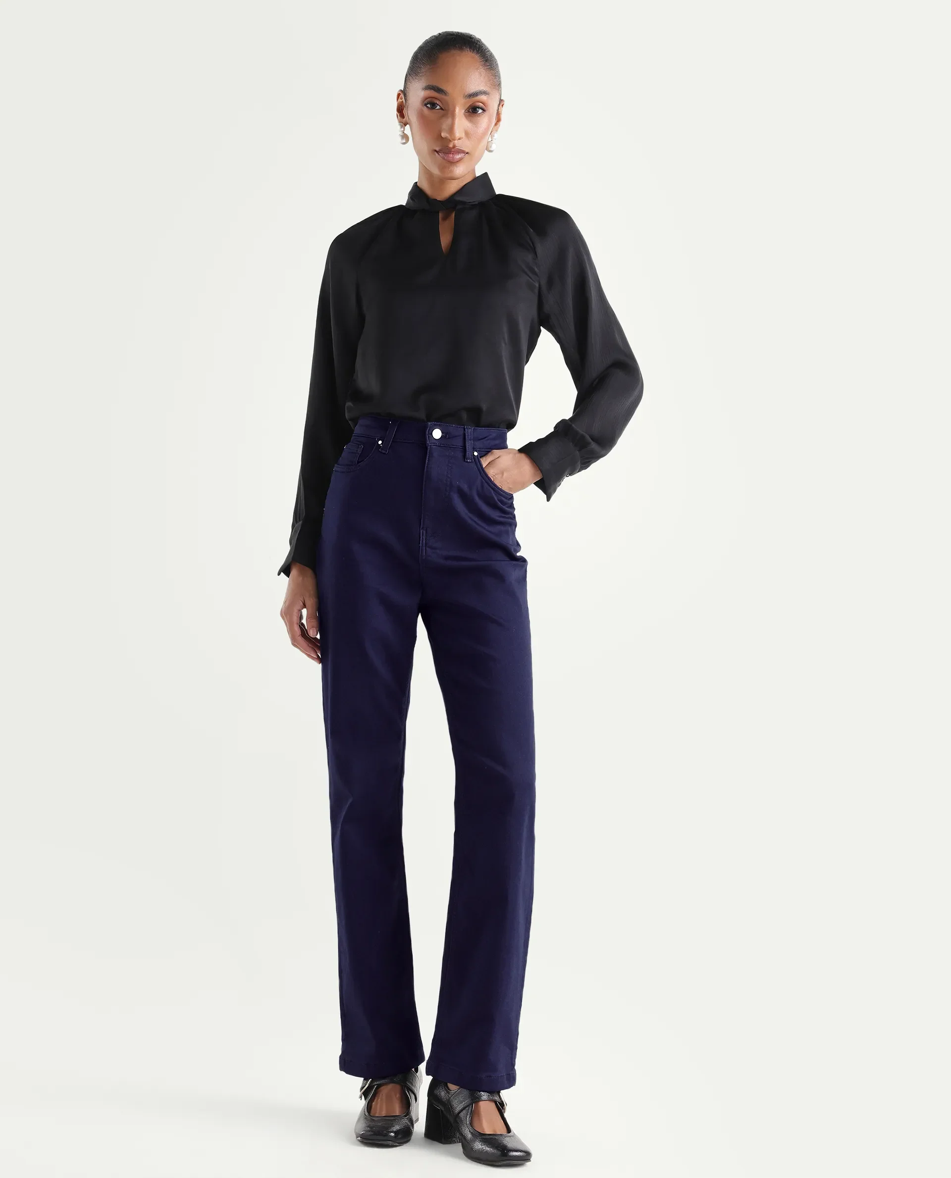 Rareism Women's Denly Navy Cotton Blend Straight Plain Jeans - Image 3