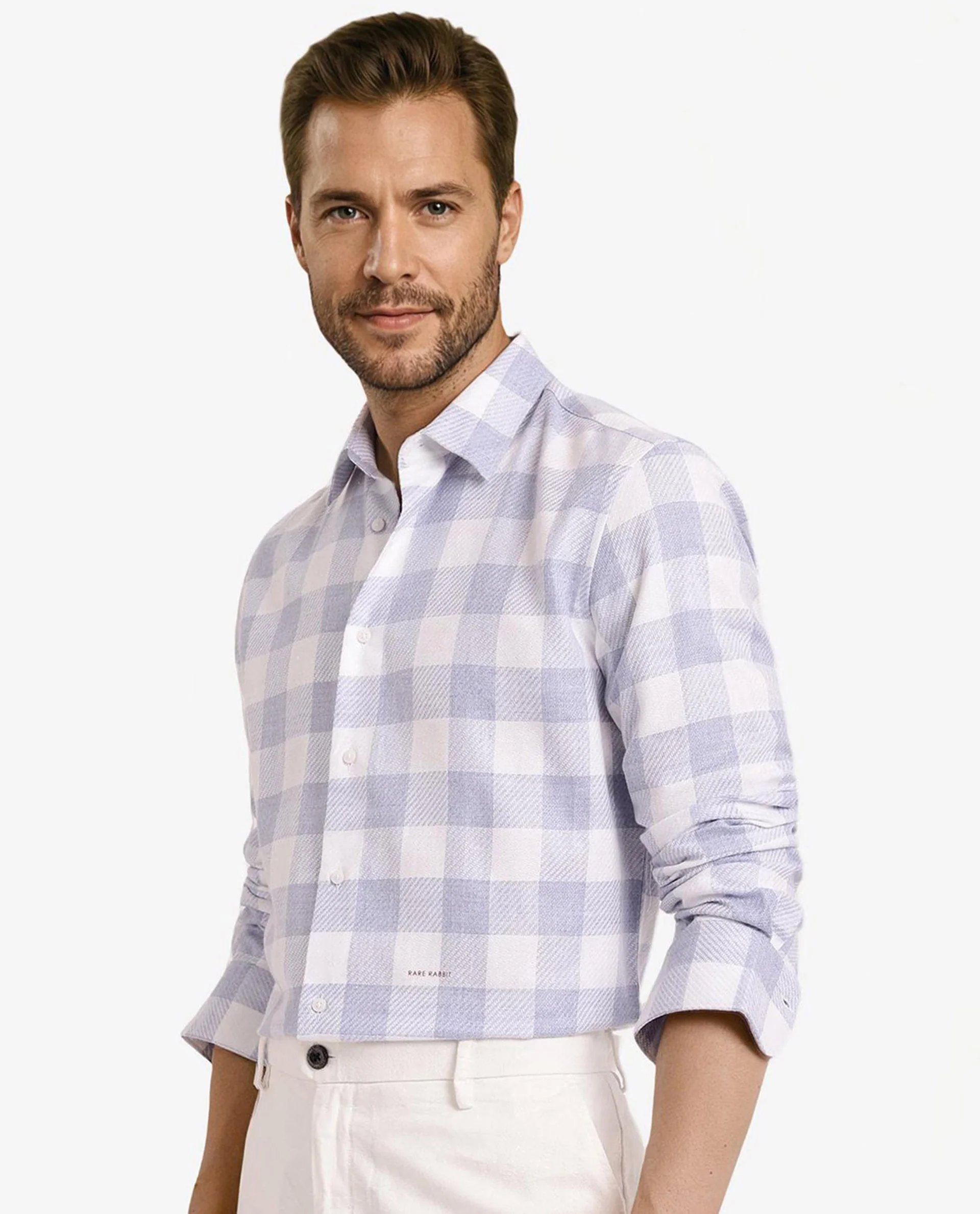 Rare Rabbit Men's Denmark Light Blue Cotton Blend Checked Print Regular Fit Full Sleeve Collared Shirt - Image 6