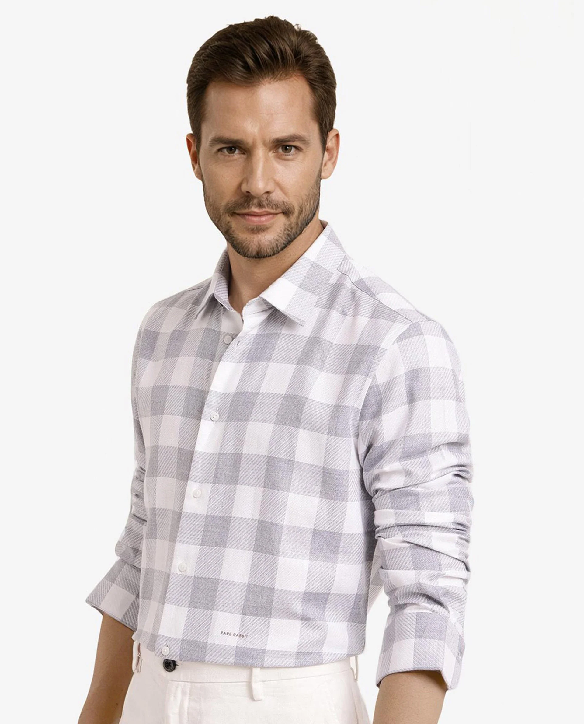 Rare Rabbit Men's Denmark Light Grey Cotton Blend Checked Print Regular Fit Full Sleeve Collared Shirt - Image 3