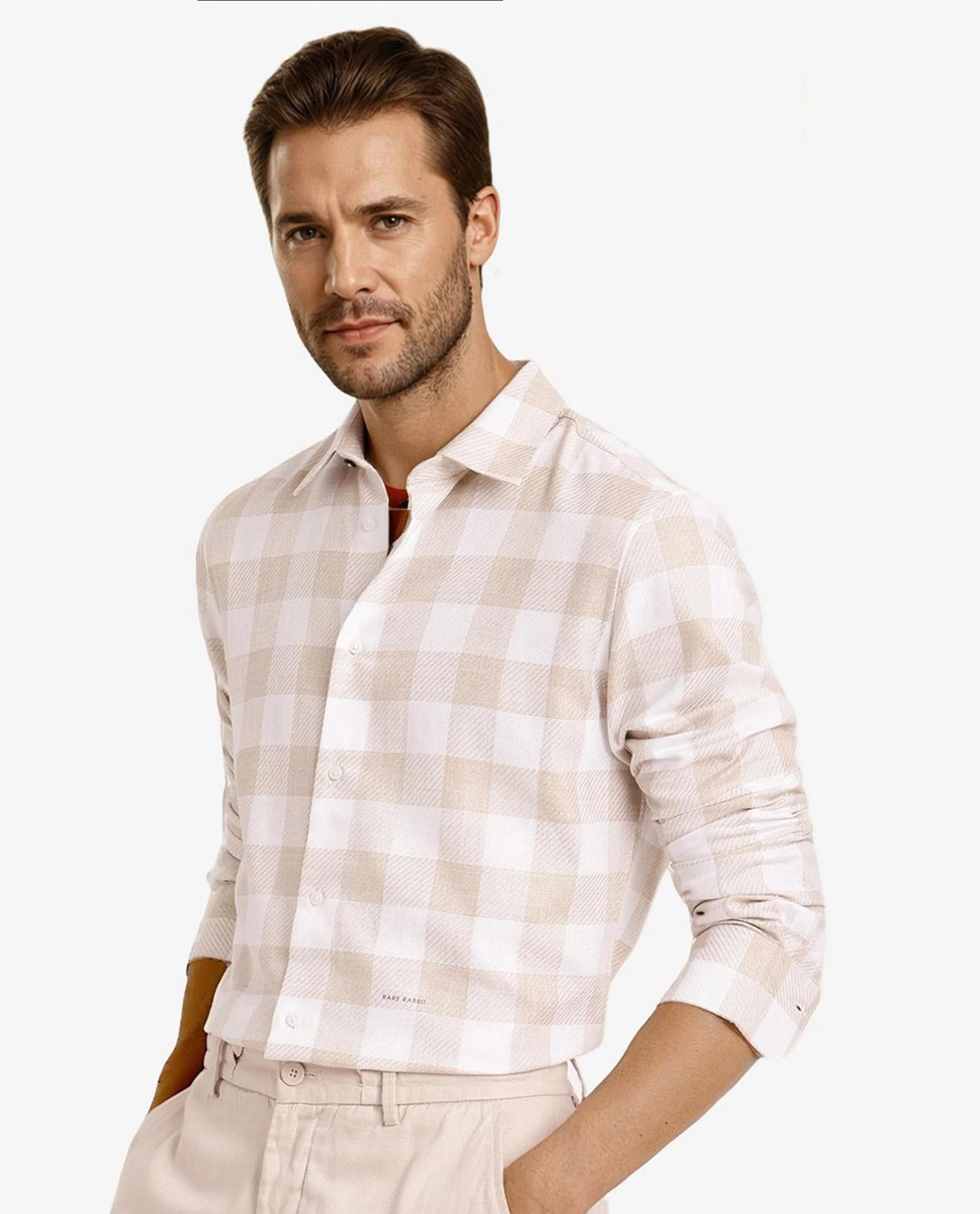 Rare Rabbit Men's Denmark Light Olive Cotton Blend Checked Print Regular Fit Full Sleeve Collared Shirt - Image 6