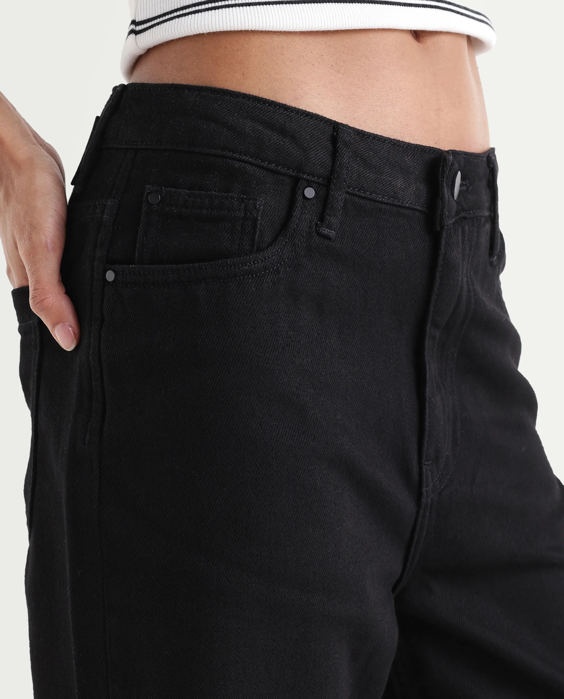 Rareism Women's Denmy Black Cotton Straight Plain Jeans - Image 3