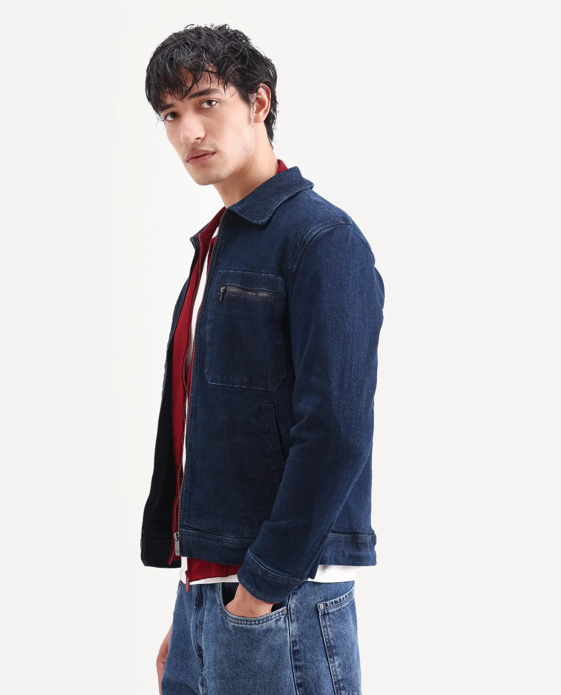 Rare Rabbit Men's Denner Dark Blue Cotton Plain Relaxed Fit Full Sleeve Spread Collar Jacket - Image 5