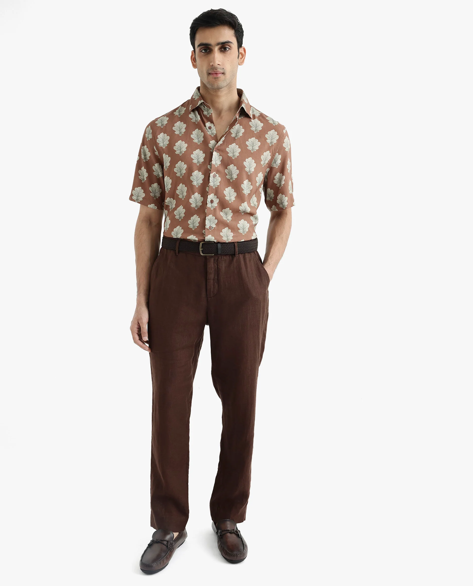 Rare Rabbit Men's Denno Brown Viscose Tropical Print Regular Fit Half Sleeve Collared Shirt - Image 2