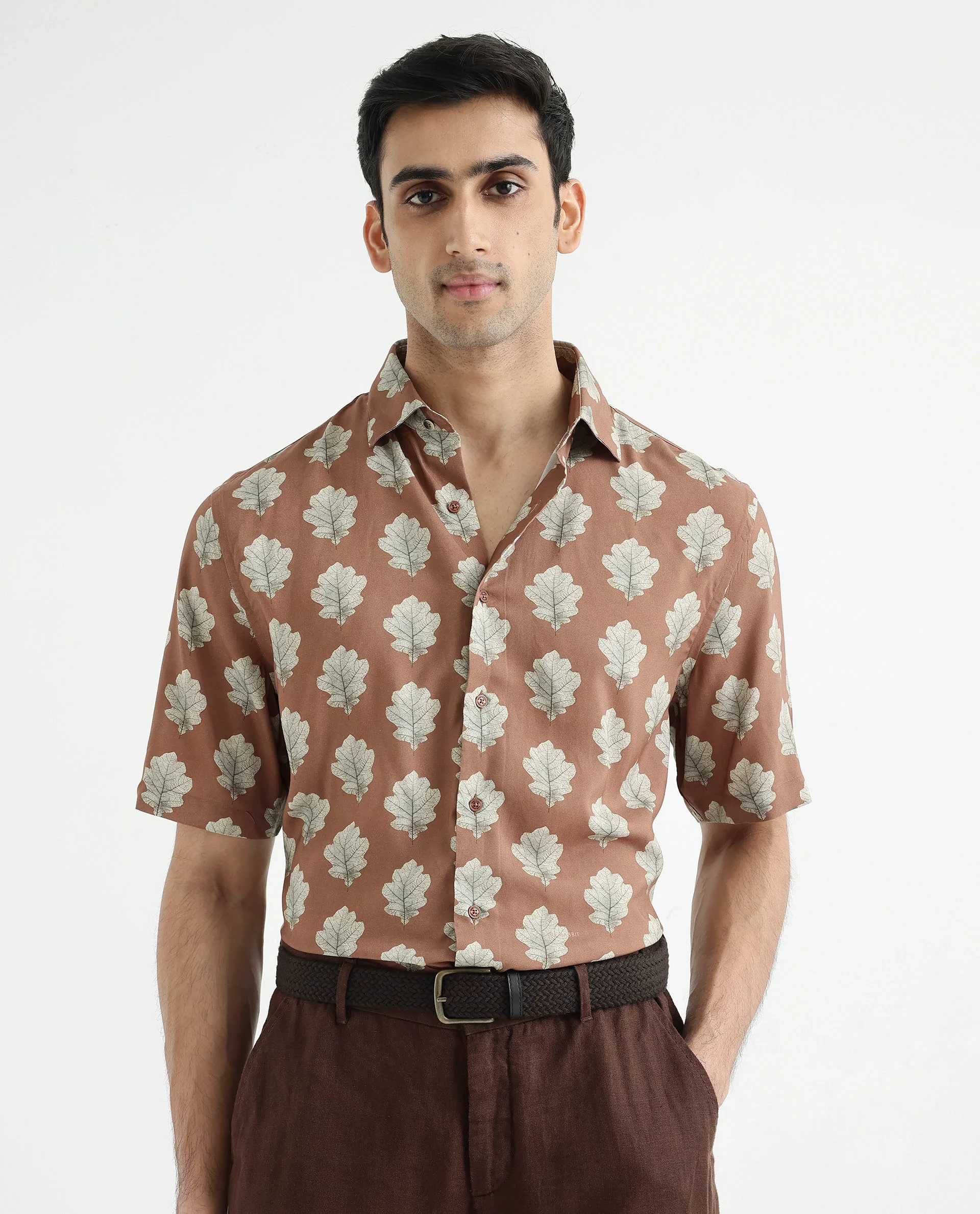 Rare Rabbit Men's Denno Brown Viscose Tropical Print Regular Fit Half Sleeve Collared Shirt - Image 3