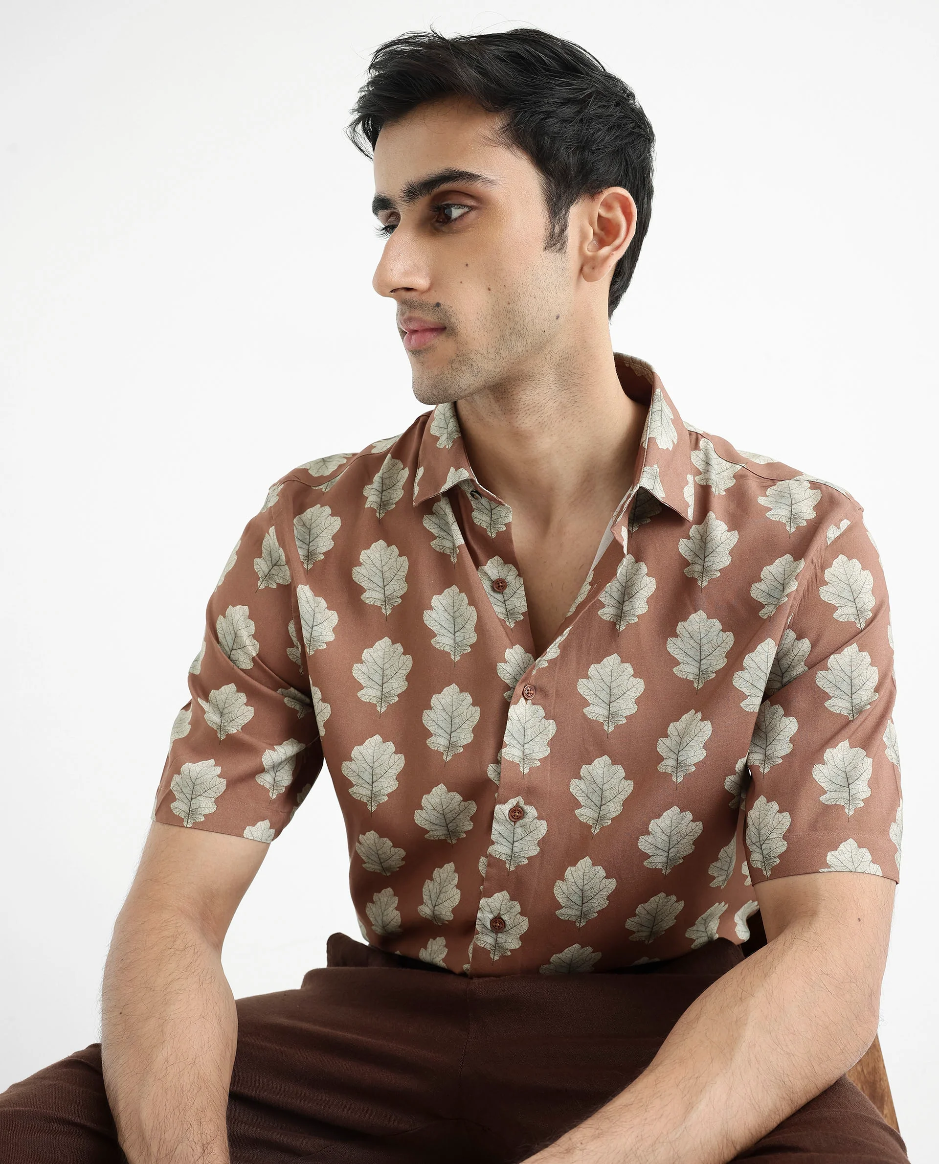 Rare Rabbit Men's Denno Brown Viscose Tropical Print Regular Fit Half Sleeve Collared Shirt - Image 4