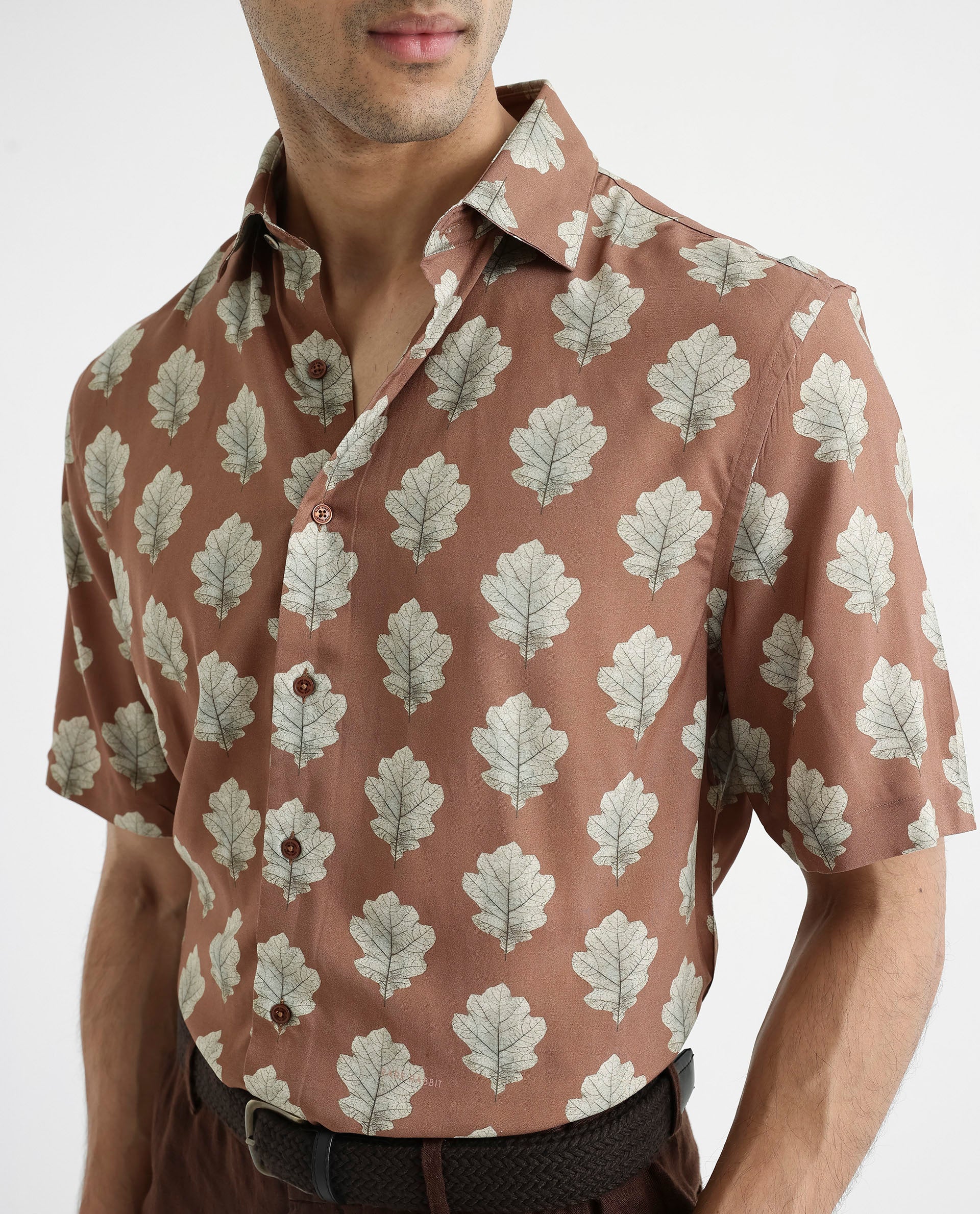 Rare Rabbit Men's Denno Brown Viscose Tropical Print Regular Fit Half Sleeve Collared Shirt - Image 5