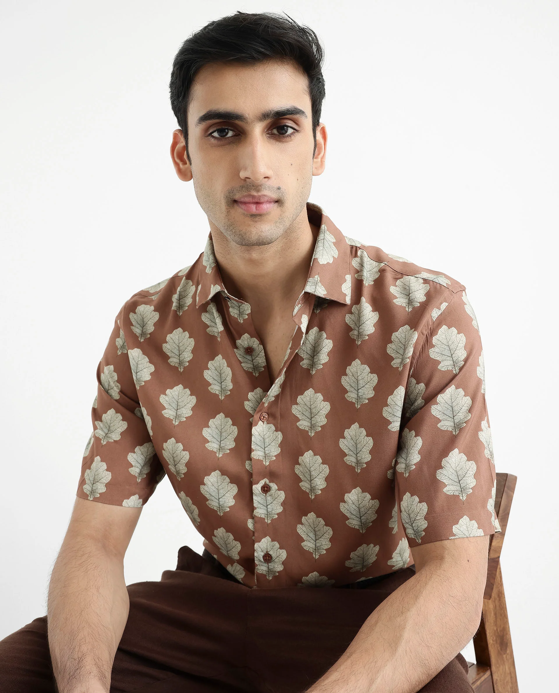 Rare Rabbit Men's Denno Brown Viscose Tropical Print Regular Fit Half Sleeve Collared Shirt - Image 6