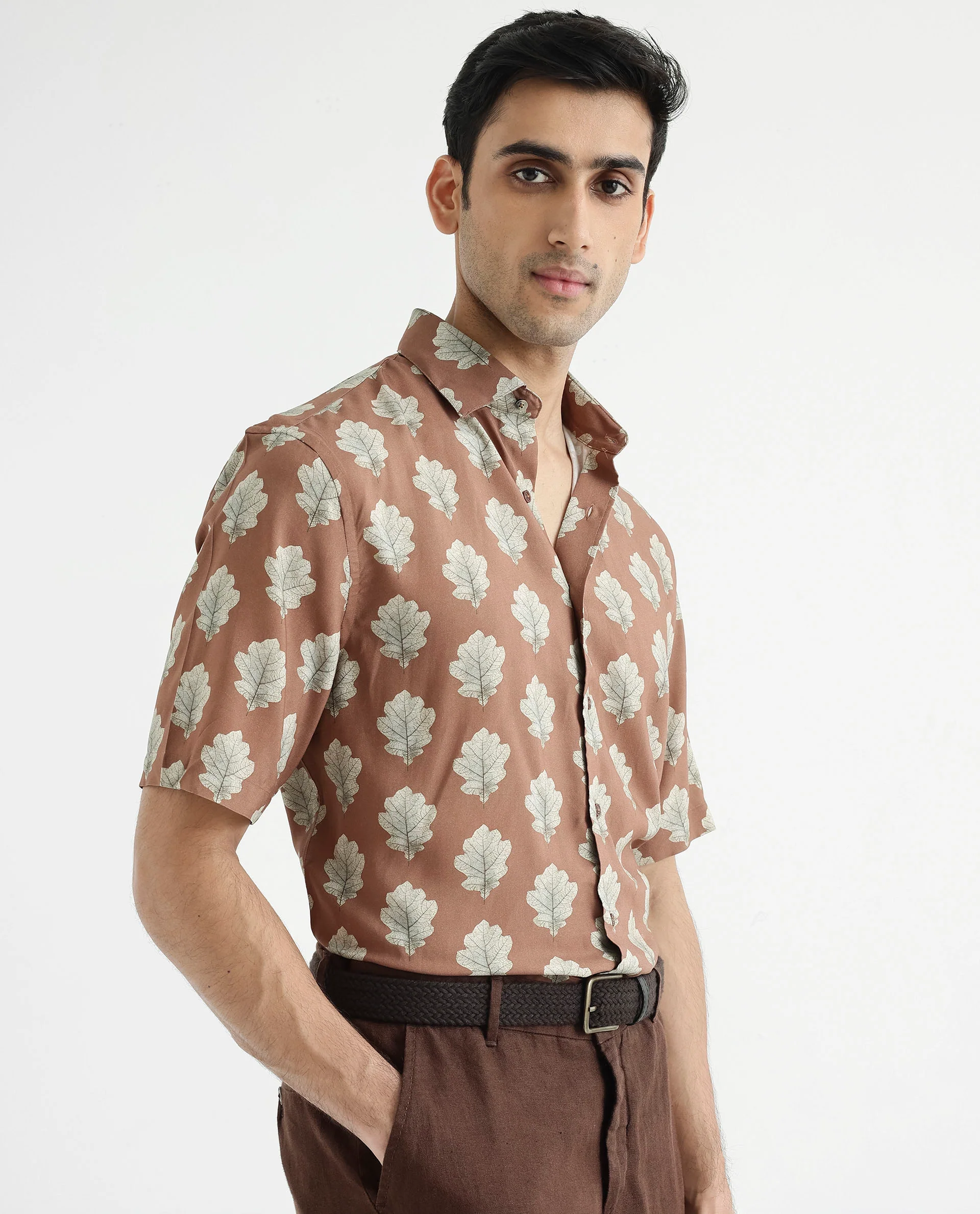 Rare Rabbit Men's Denno Brown Viscose Tropical Print Regular Fit Half Sleeve Collared Shirt - Image 7