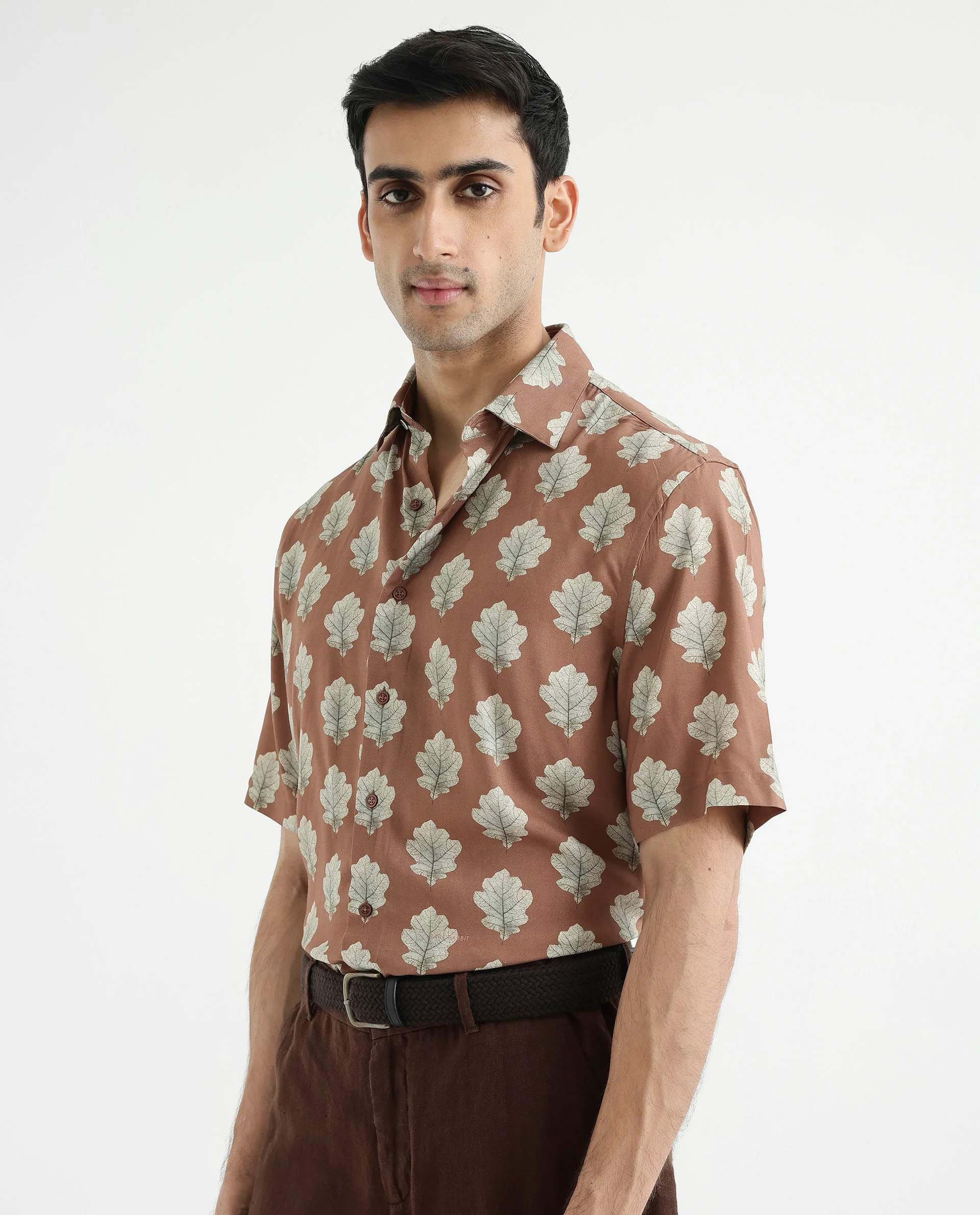 Rare Rabbit Men's Denno Brown Viscose Tropical Print Regular Fit Half Sleeve Collared Shirt - Image 8