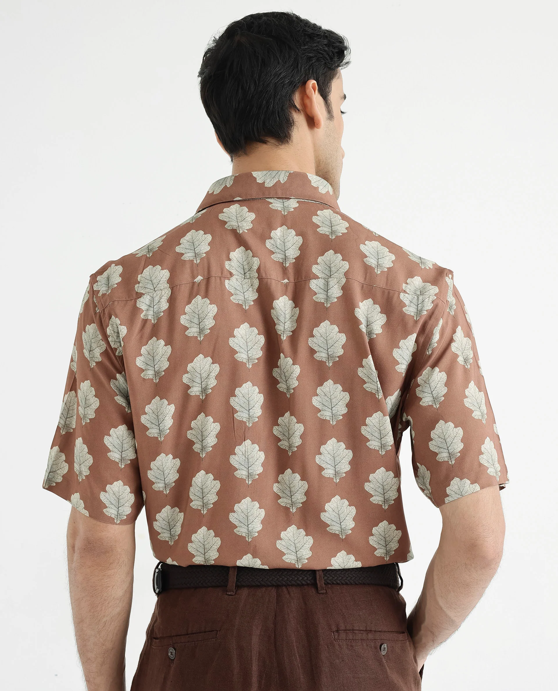Rare Rabbit Men's Denno Brown Viscose Tropical Print Regular Fit Half Sleeve Collared Shirt - Image 9