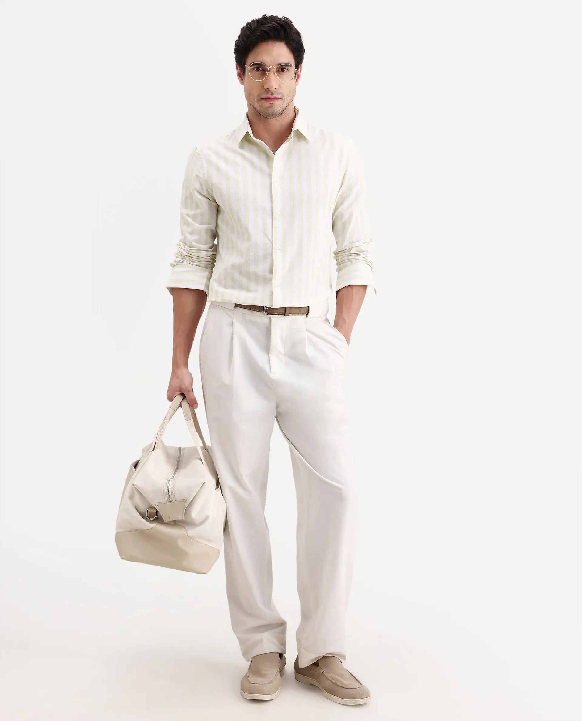 Rare Rabbit Men's Denny Beige Cotton Fabric Spread Collar Regular Fit Striped Shirt - Image 2