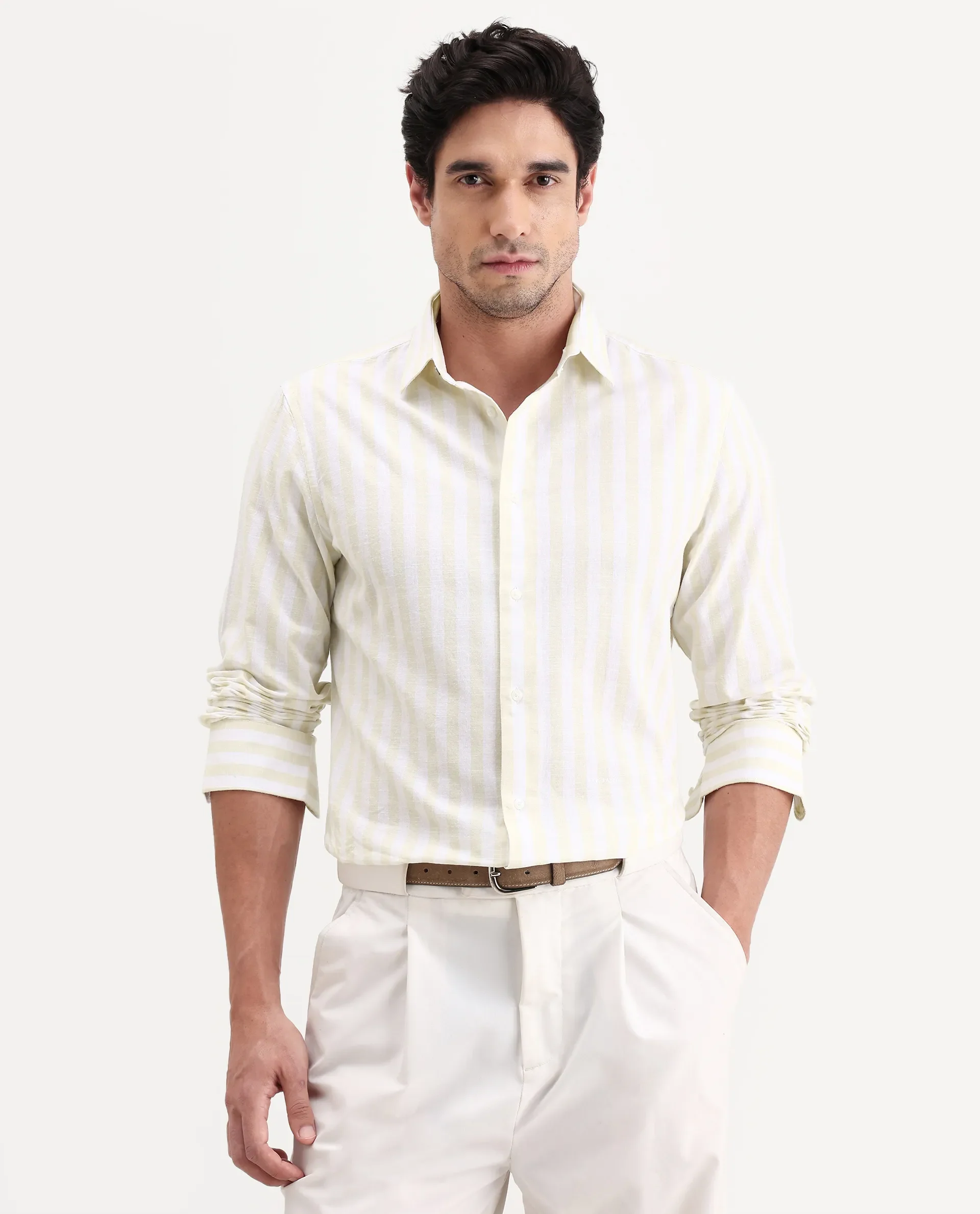 Rare Rabbit Men's Denny Beige Cotton Fabric Spread Collar Regular Fit Striped Shirt - Image 4