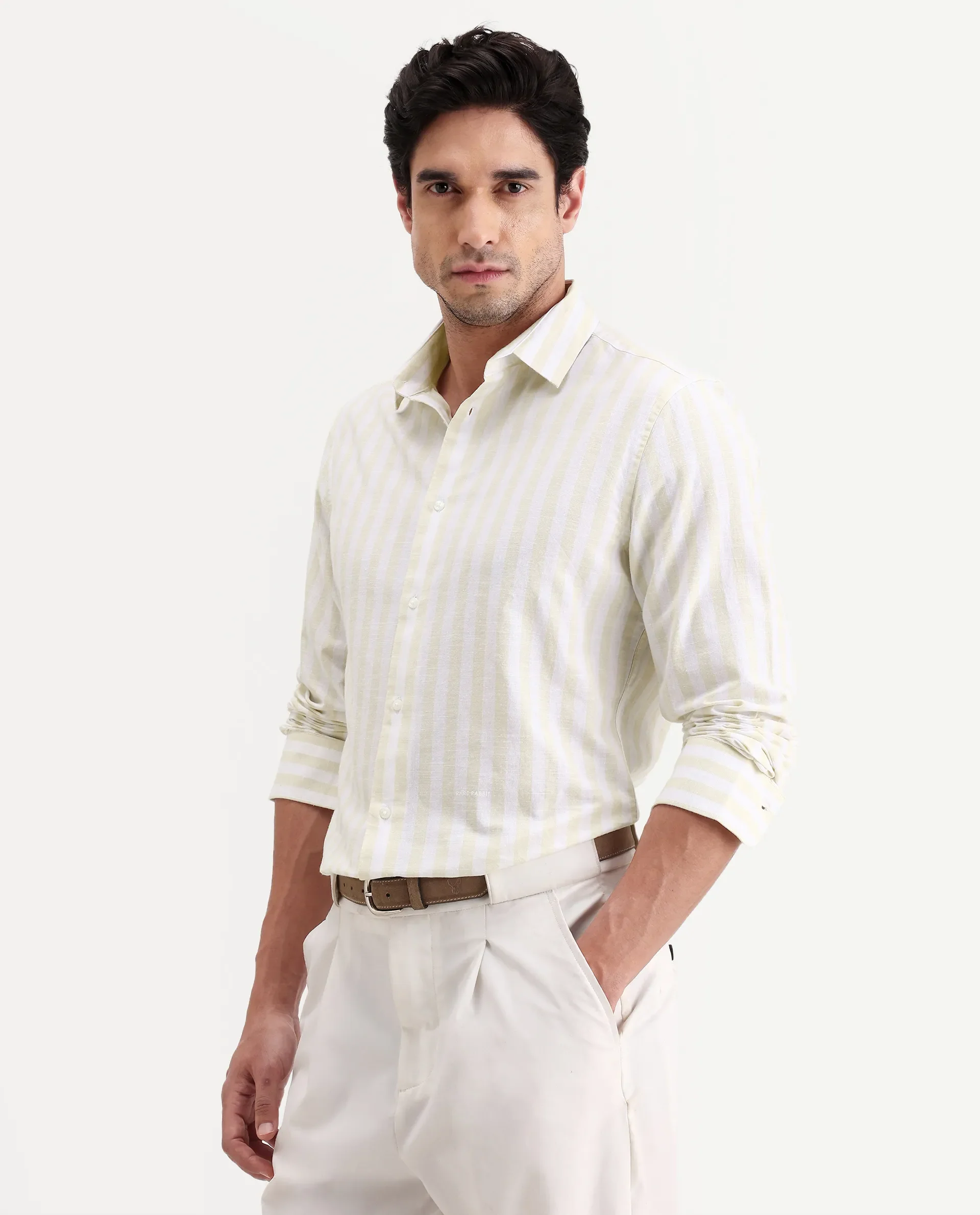 Rare Rabbit Men's Denny Beige Cotton Fabric Spread Collar Regular Fit Striped Shirt - Image 5