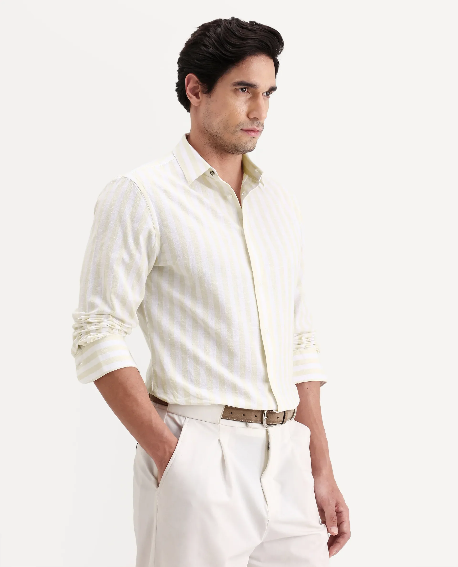 Rare Rabbit Men's Denny Beige Cotton Fabric Spread Collar Regular Fit Striped Shirt - Image 6