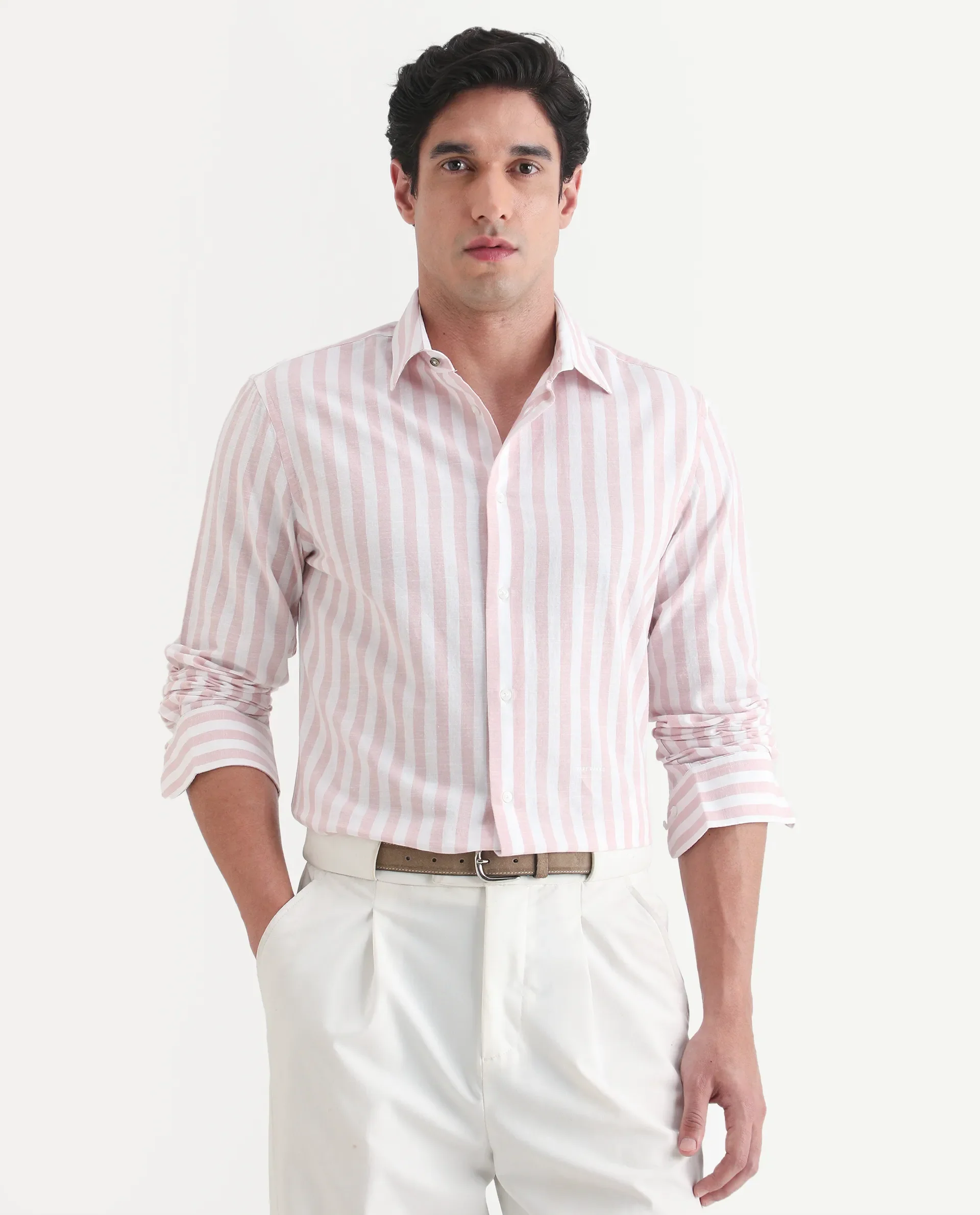 Rare Rabbit Men's Denny Pink Cotton Fabric Spread Collar Regular Fit Striped Shirt - Image 4