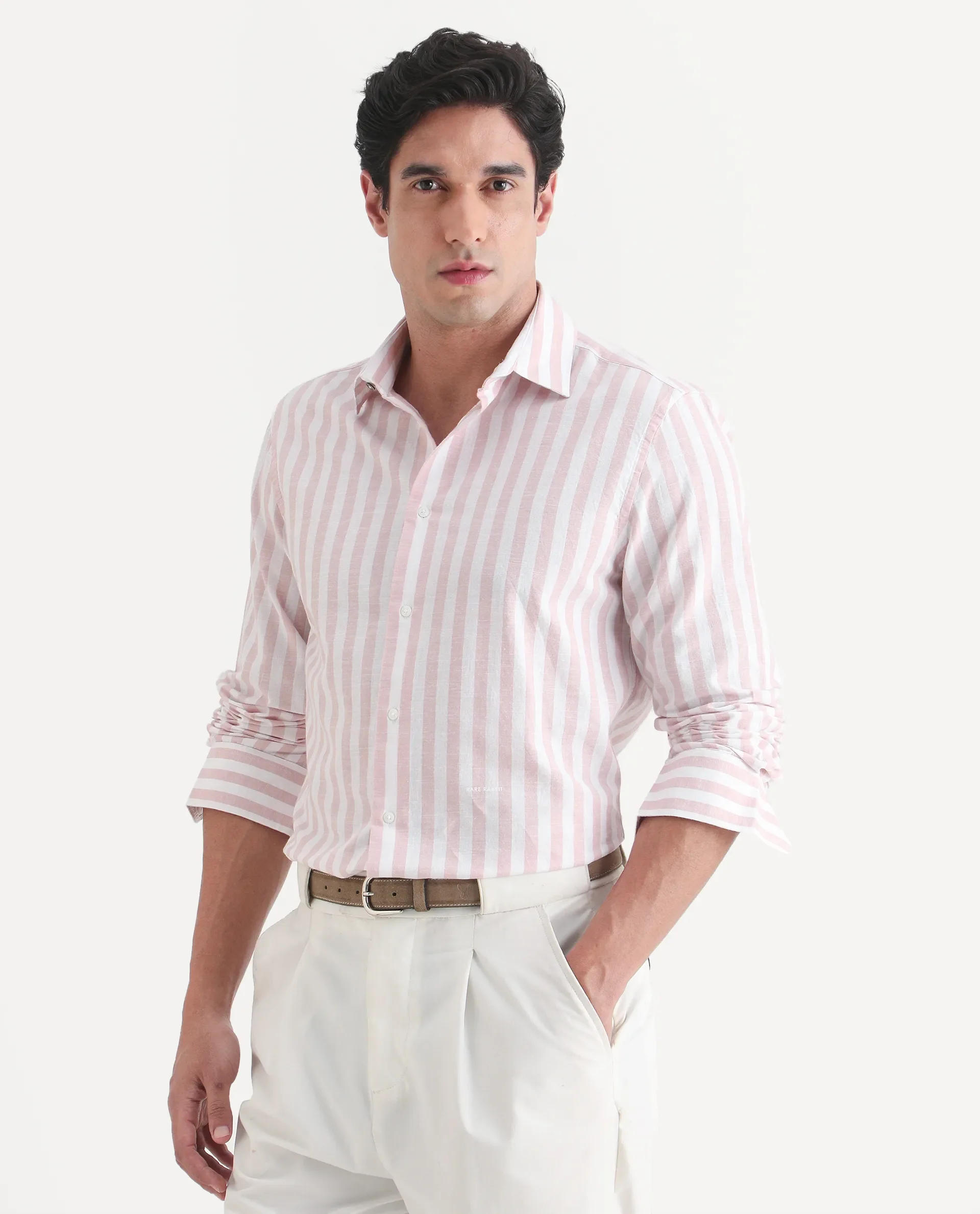Rare Rabbit Men's Denny Pink Cotton Fabric Spread Collar Regular Fit Striped Shirt - Image 5