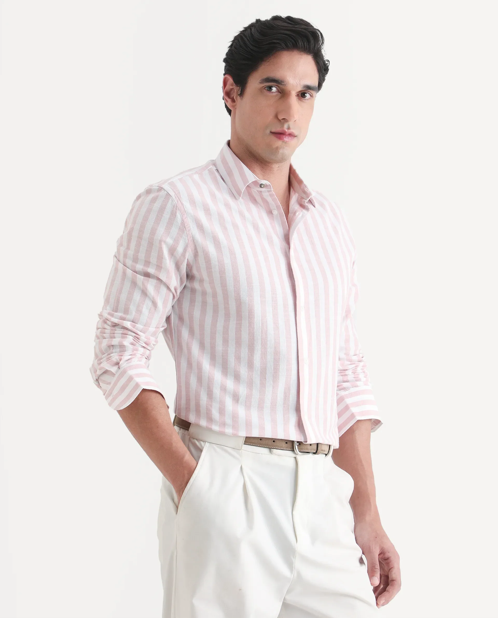 Rare Rabbit Men's Denny Pink Cotton Fabric Spread Collar Regular Fit Striped Shirt - Image 6