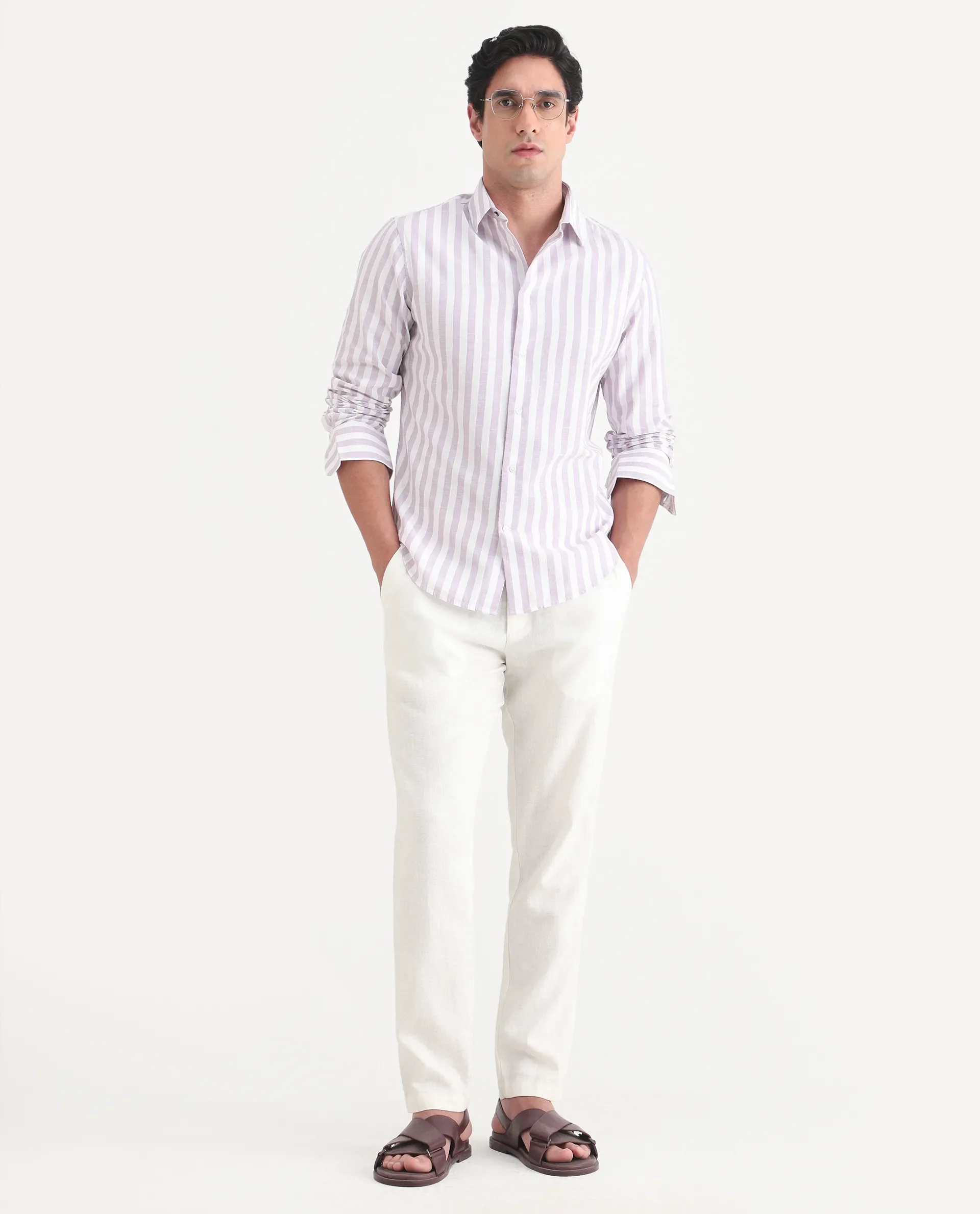 Rare Rabbit Men's Denny Purple Cotton Fabric Spread Collar Regular Fit Striped Shirt - Image 2