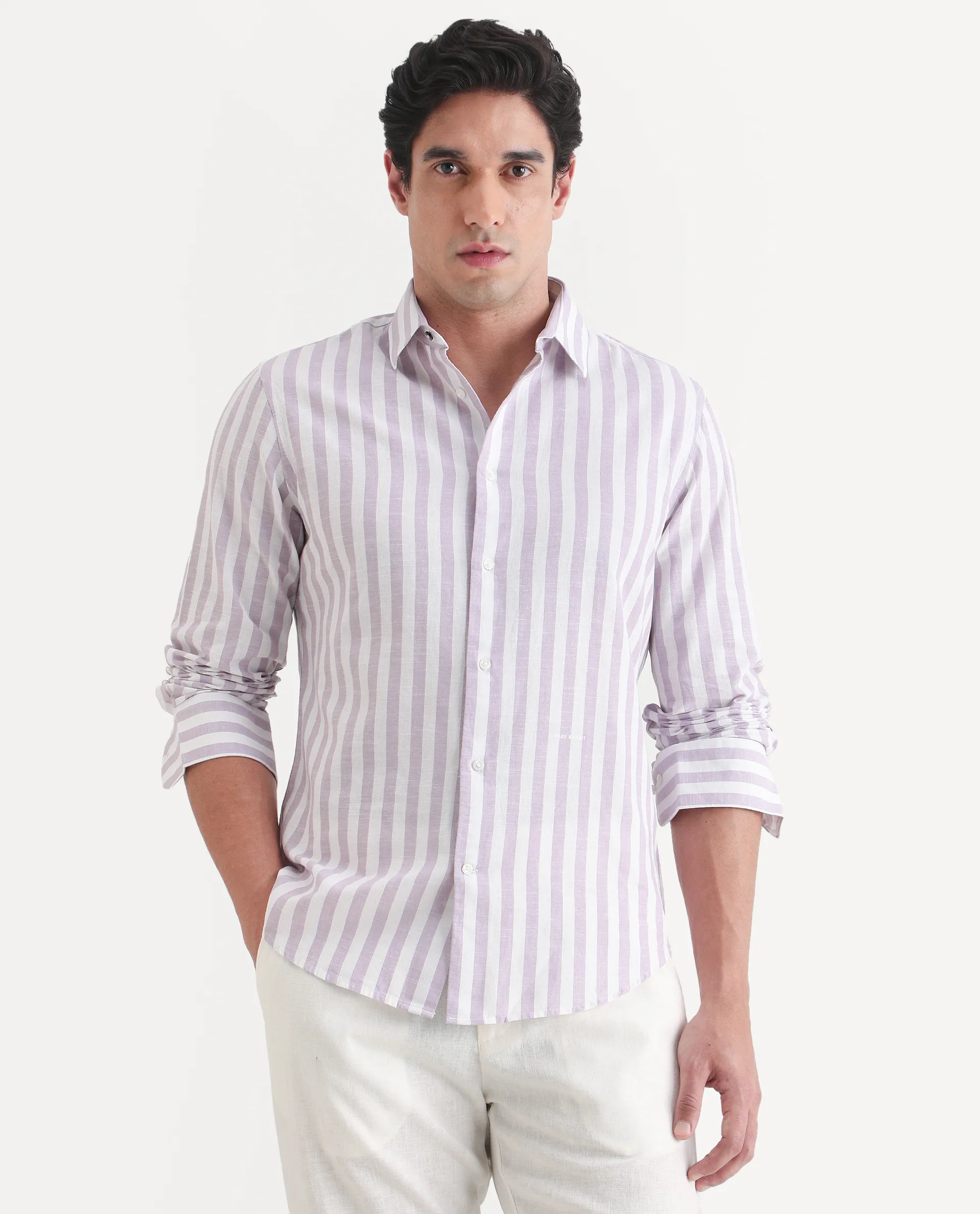 Rare Rabbit Men's Denny Purple Cotton Fabric Spread Collar Regular Fit Striped Shirt - Image 3