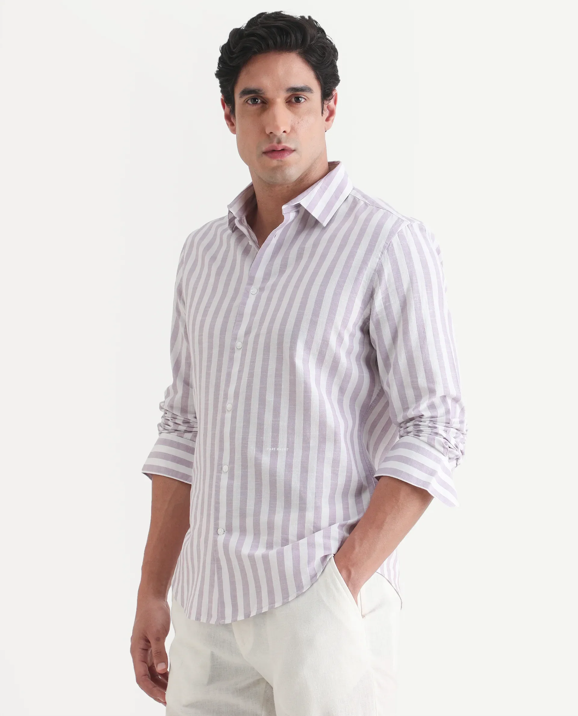 Rare Rabbit Men's Denny Purple Cotton Fabric Spread Collar Regular Fit Striped Shirt - Image 4