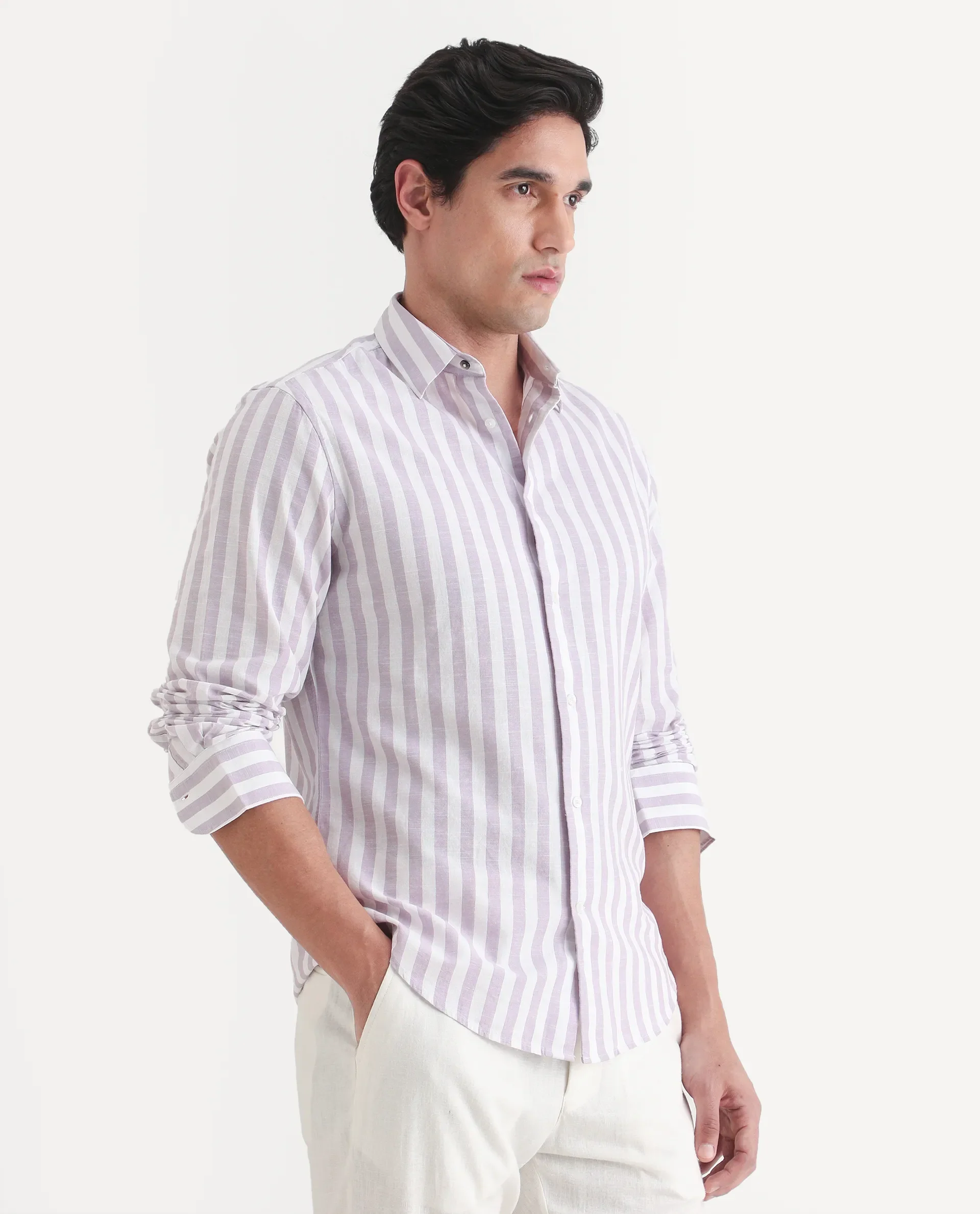 Rare Rabbit Men's Denny Purple Cotton Fabric Spread Collar Regular Fit Striped Shirt - Image 5