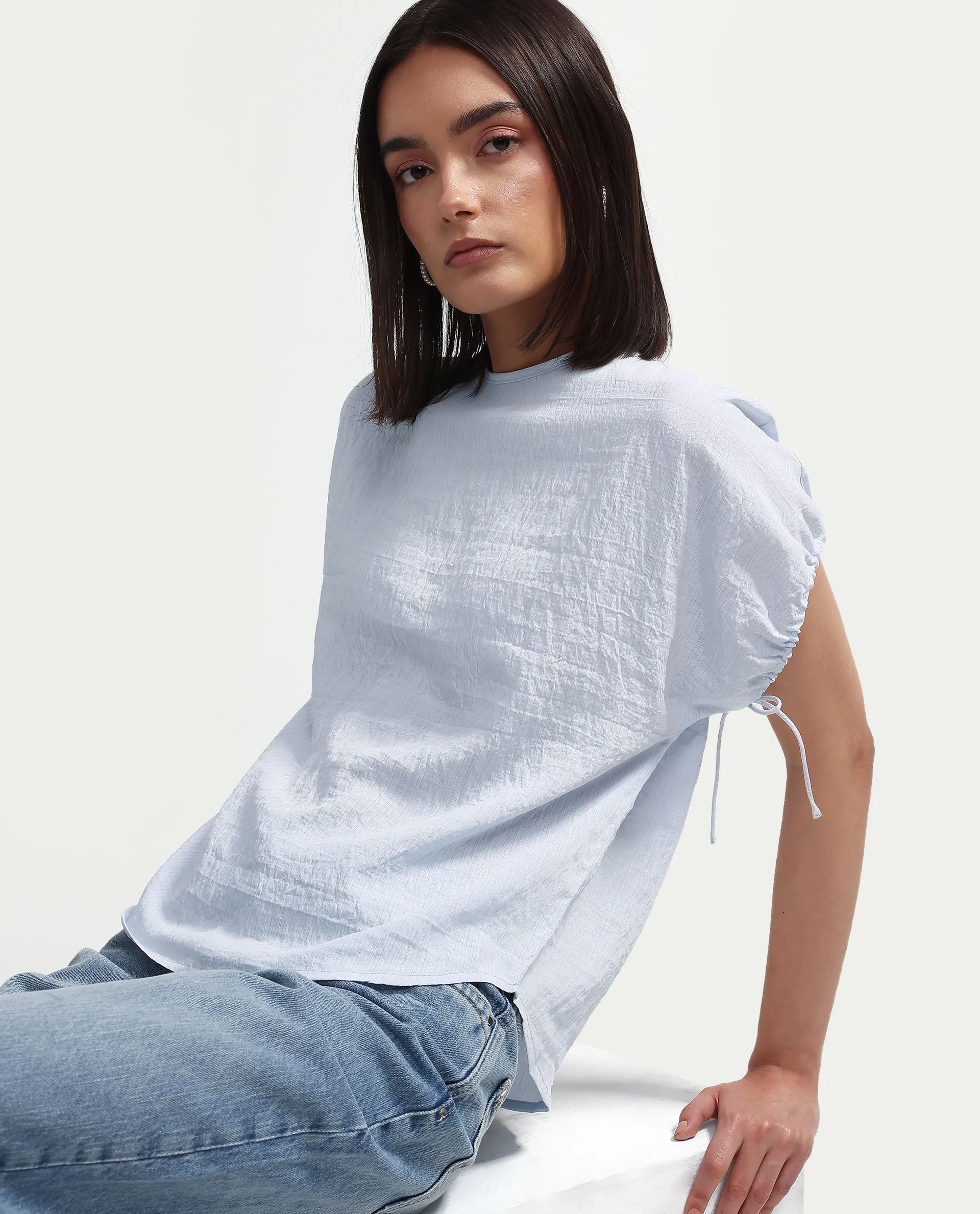 Rareism Women's Deno Light Blue Viscose Blend Crew Neck Button Regular Plain Top