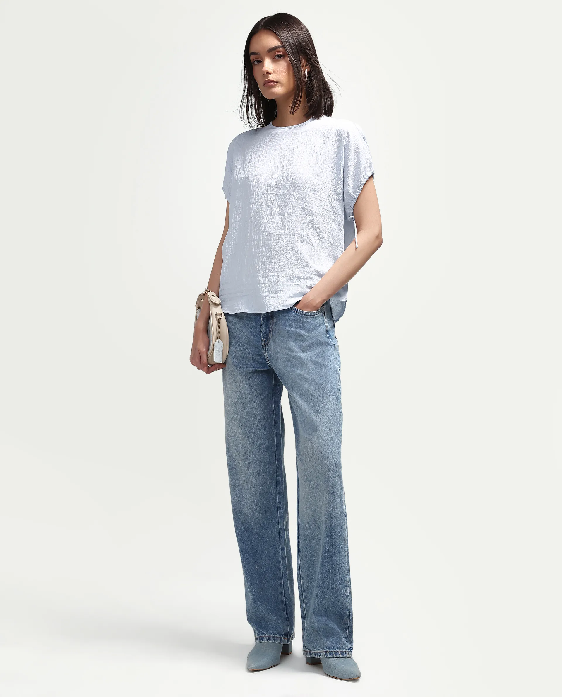 Rareism Women's Deno Light Blue Viscose Blend Crew Neck Button Regular Plain Top - Image 2