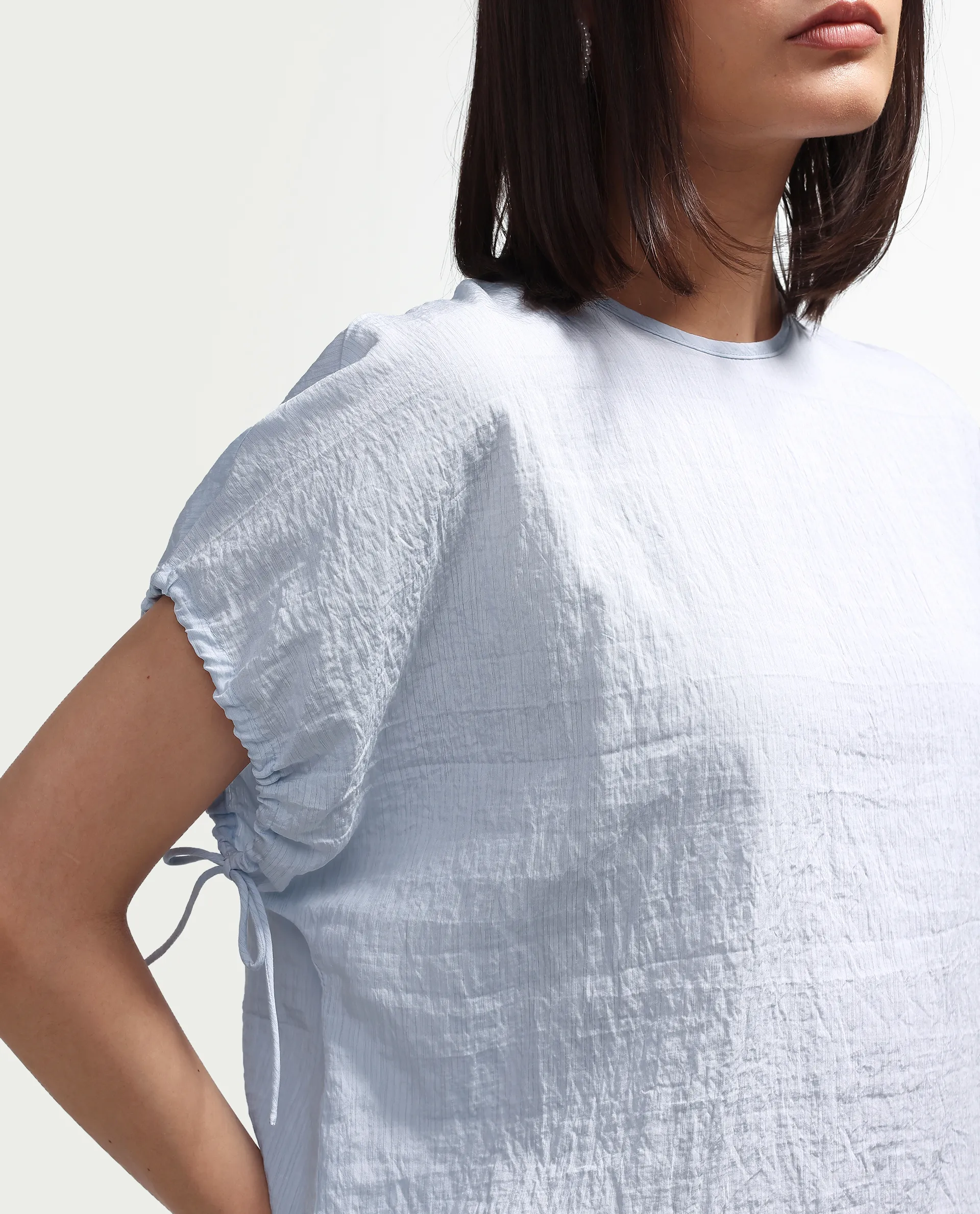 Rareism Women's Deno Light Blue Viscose Blend Crew Neck Button Regular Plain Top - Image 3