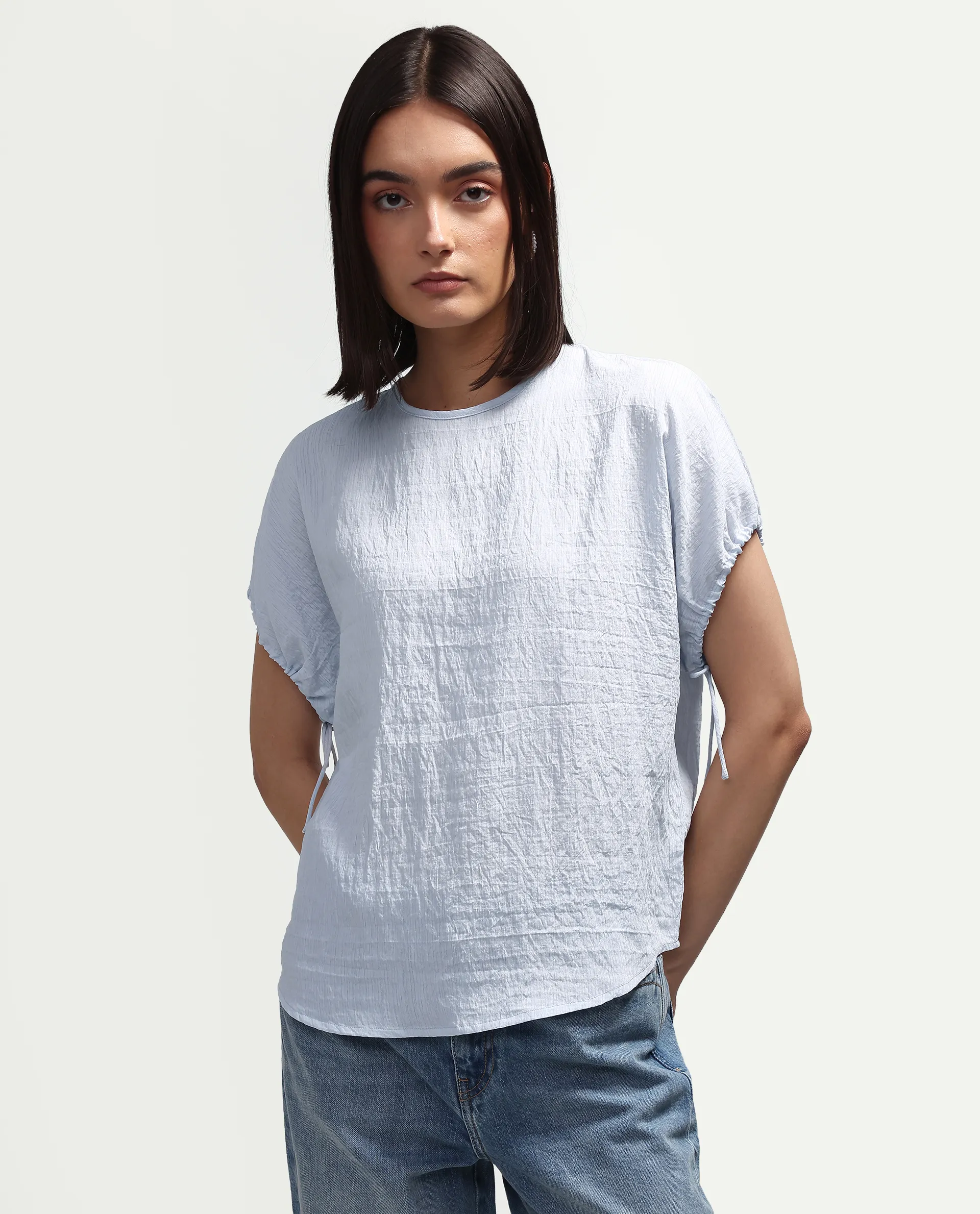 Rareism Women's Deno Light Blue Viscose Blend Crew Neck Button Regular Plain Top - Image 4