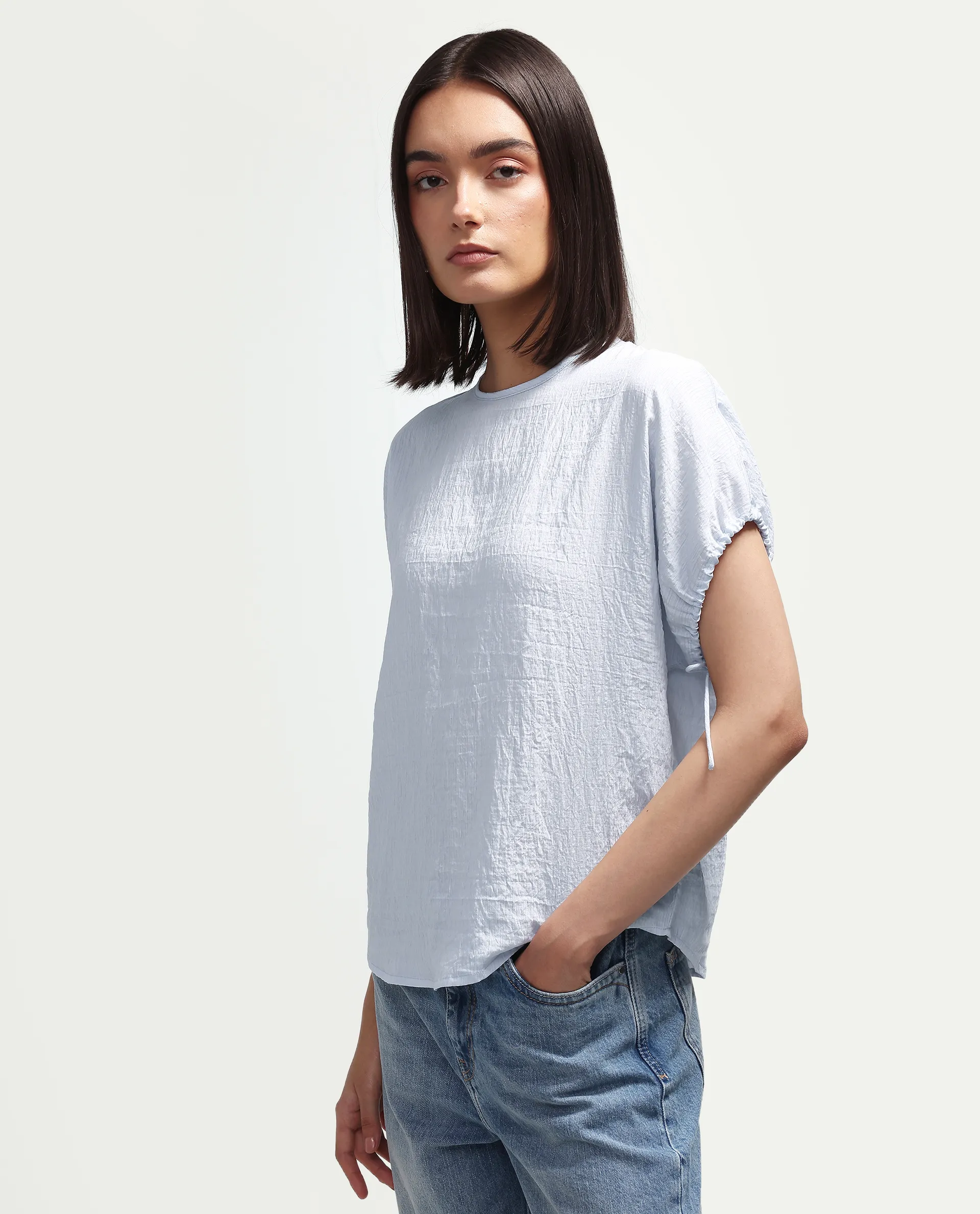 Rareism Women's Deno Light Blue Viscose Blend Crew Neck Button Regular Plain Top - Image 5