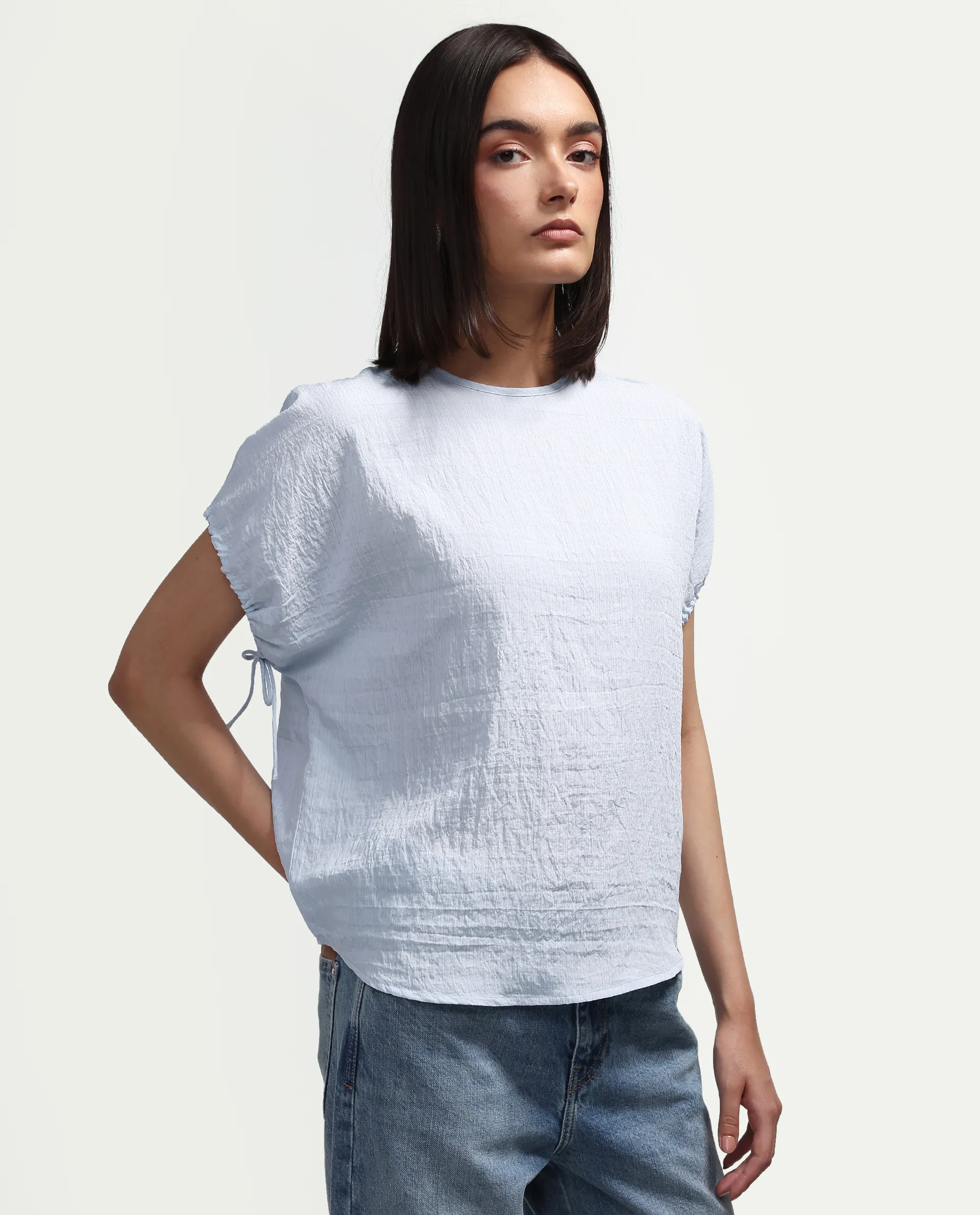 Rareism Women's Deno Light Blue Viscose Blend Crew Neck Button Regular Plain Top - Image 6