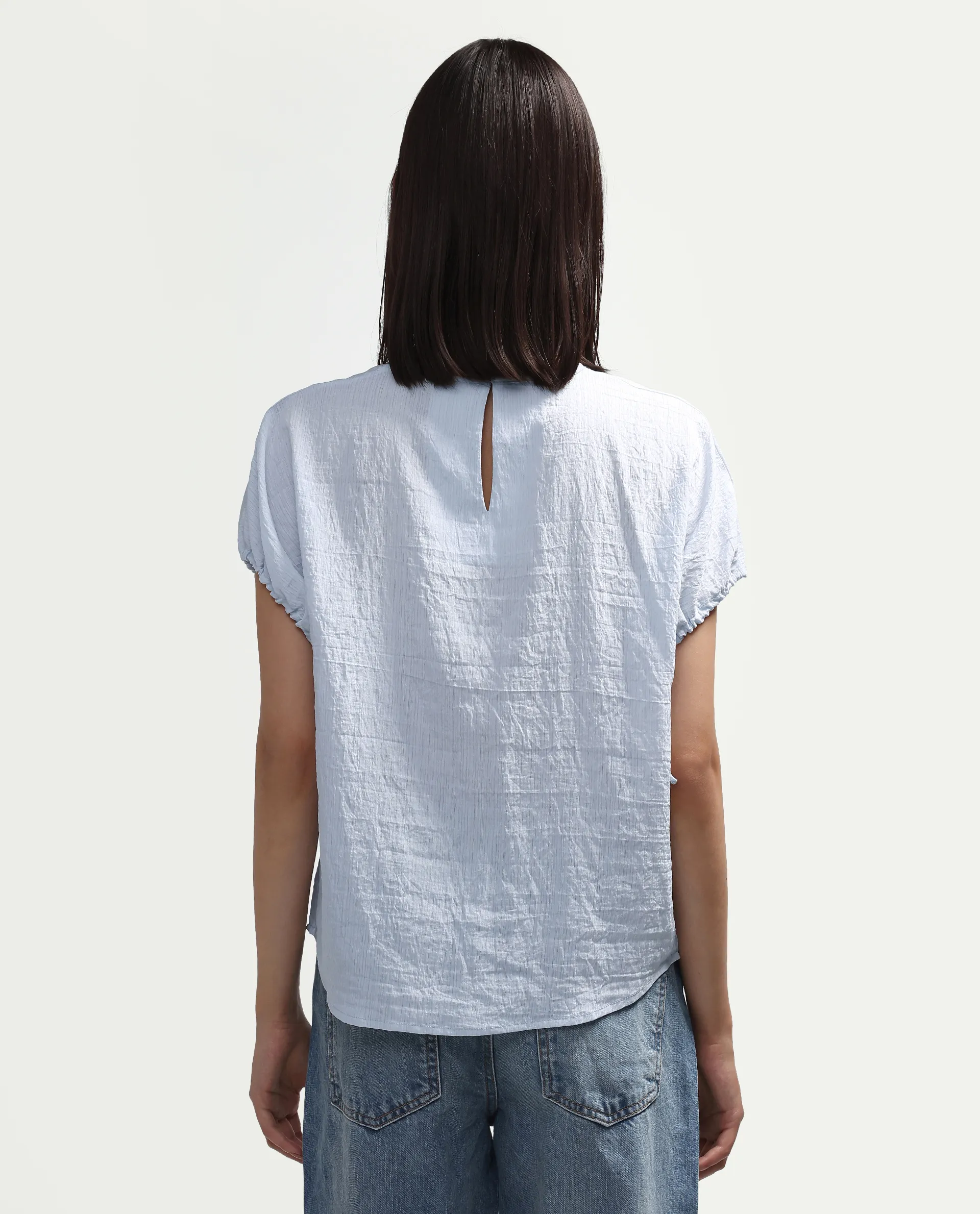 Rareism Women's Deno Light Blue Viscose Blend Crew Neck Button Regular Plain Top - Image 7