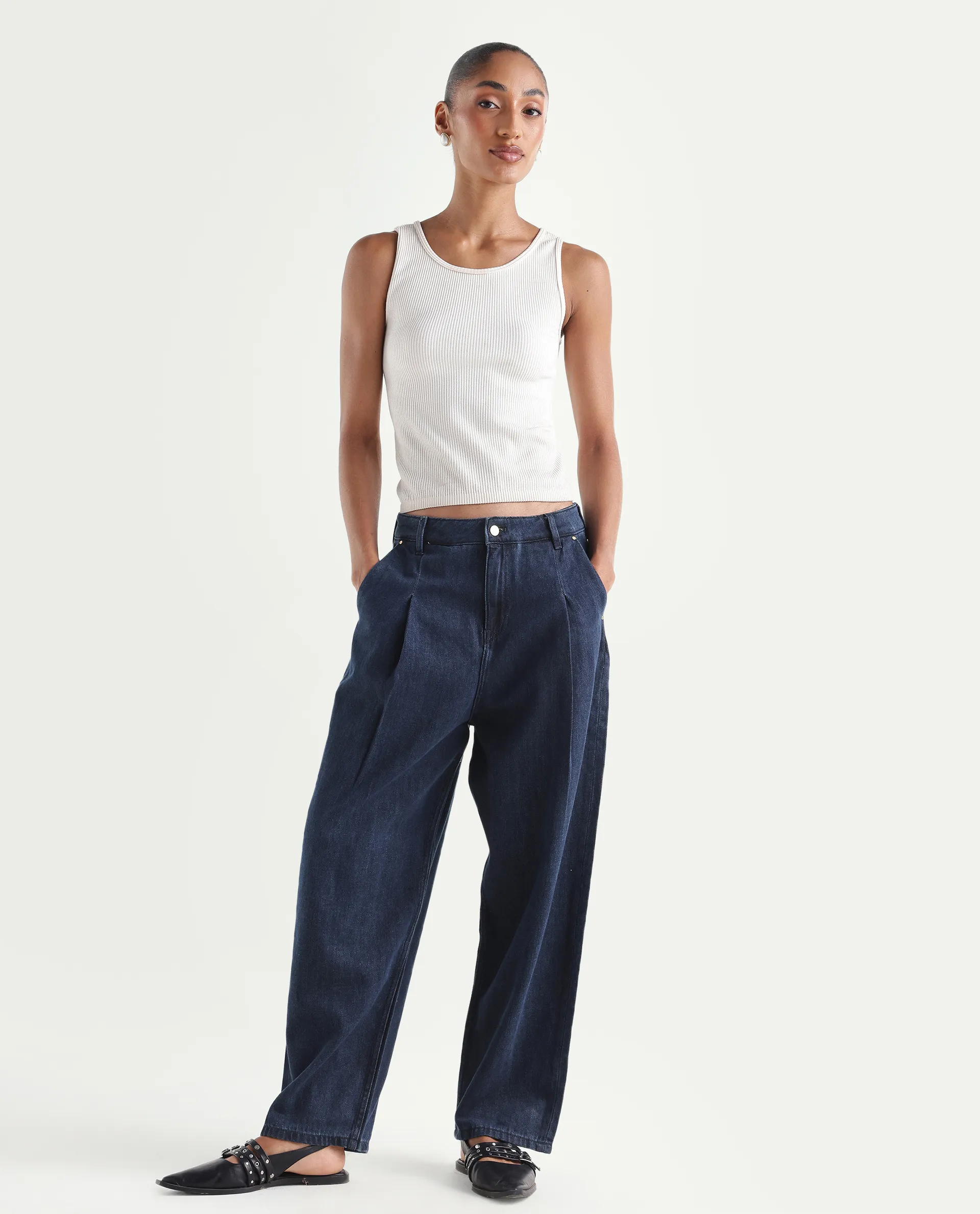 Rareism Women's Denop Dark Blue Cotton Tall Barrel Fit Plain Jeans - Image 3