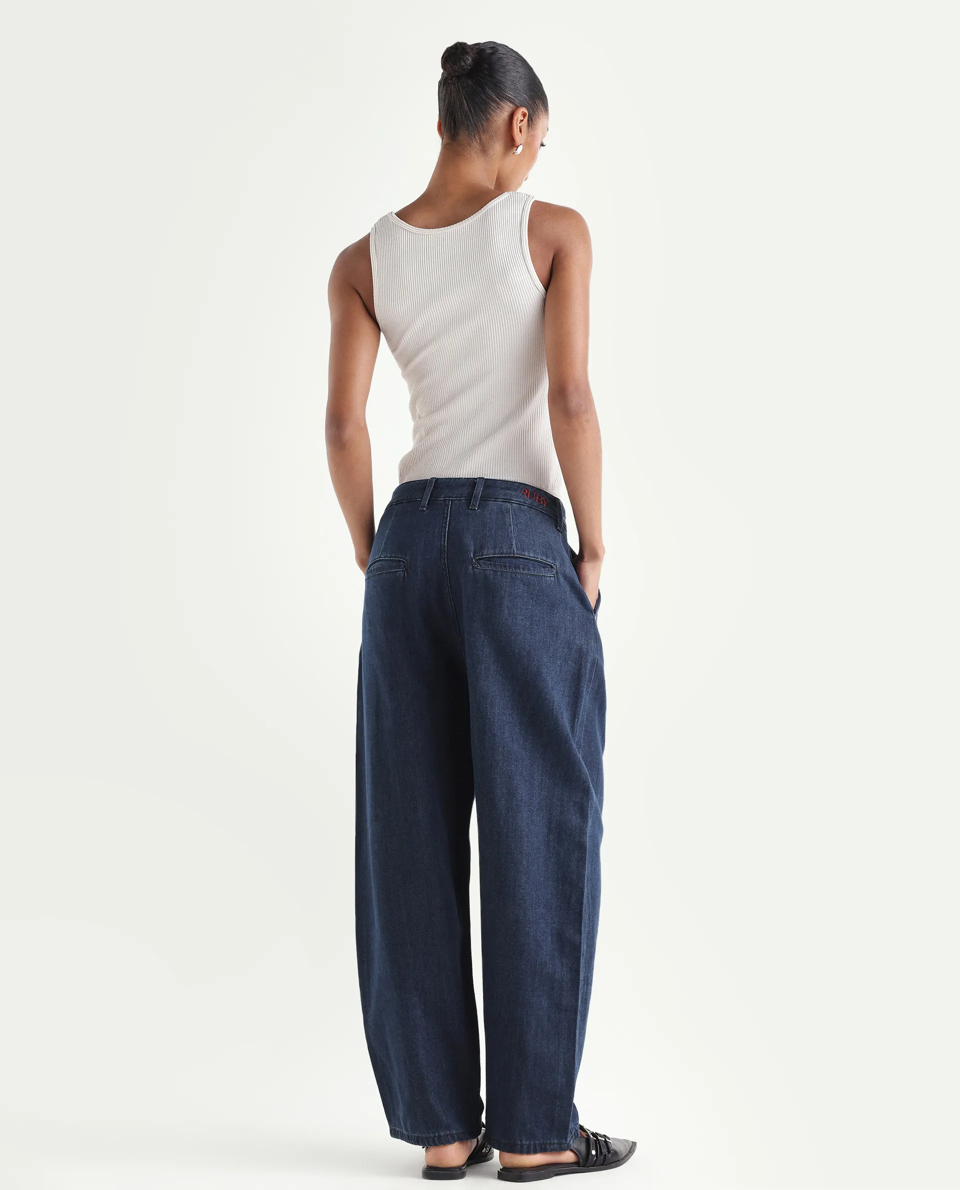 Rareism Women's Denop Dark Blue Cotton Tall Barrel Fit Plain Jeans - Image 8