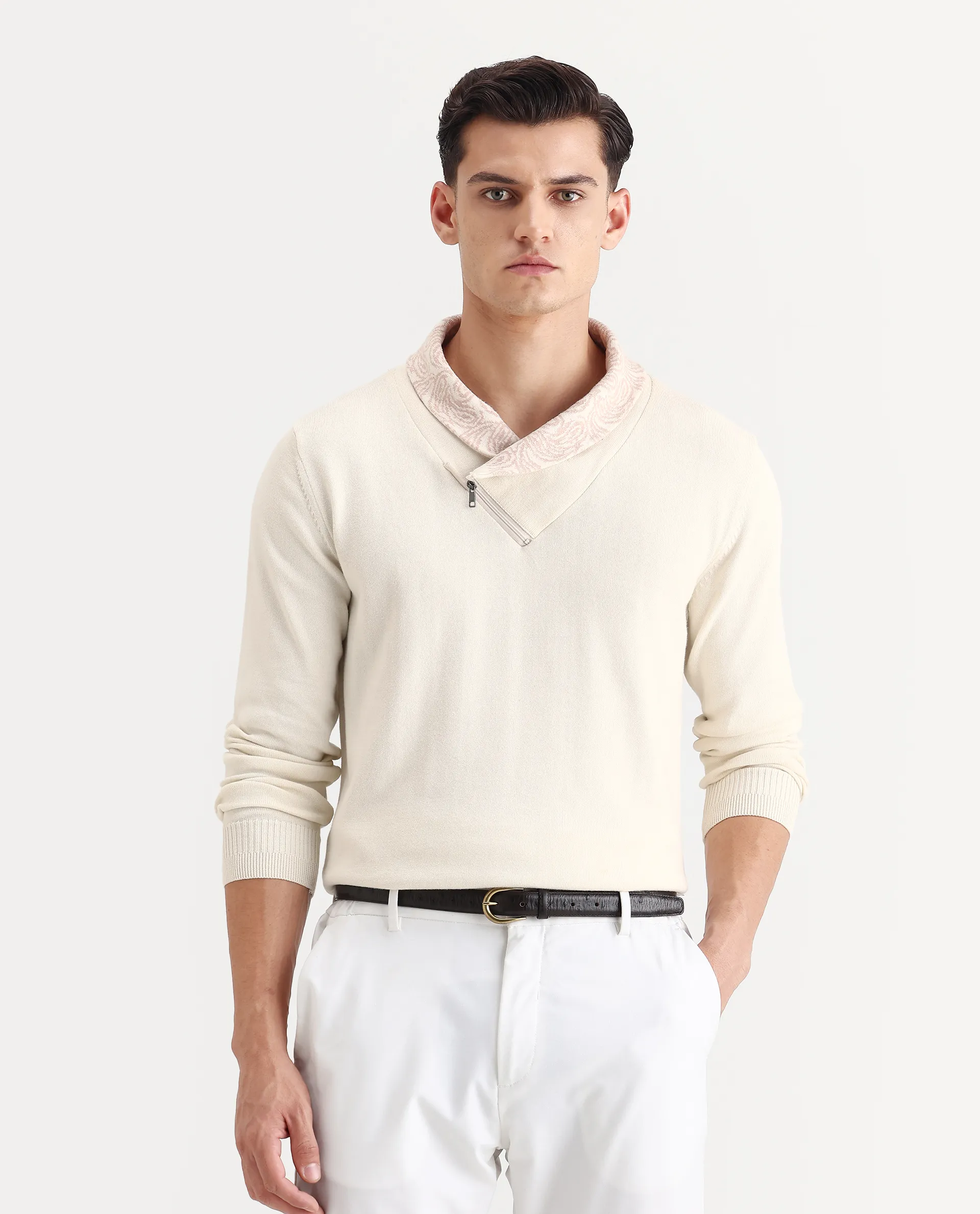 Rare Rabbit Men's Denor Beige Cotton Paisley Print Regular Fit Full Sleeve Cowl Neck Sweater