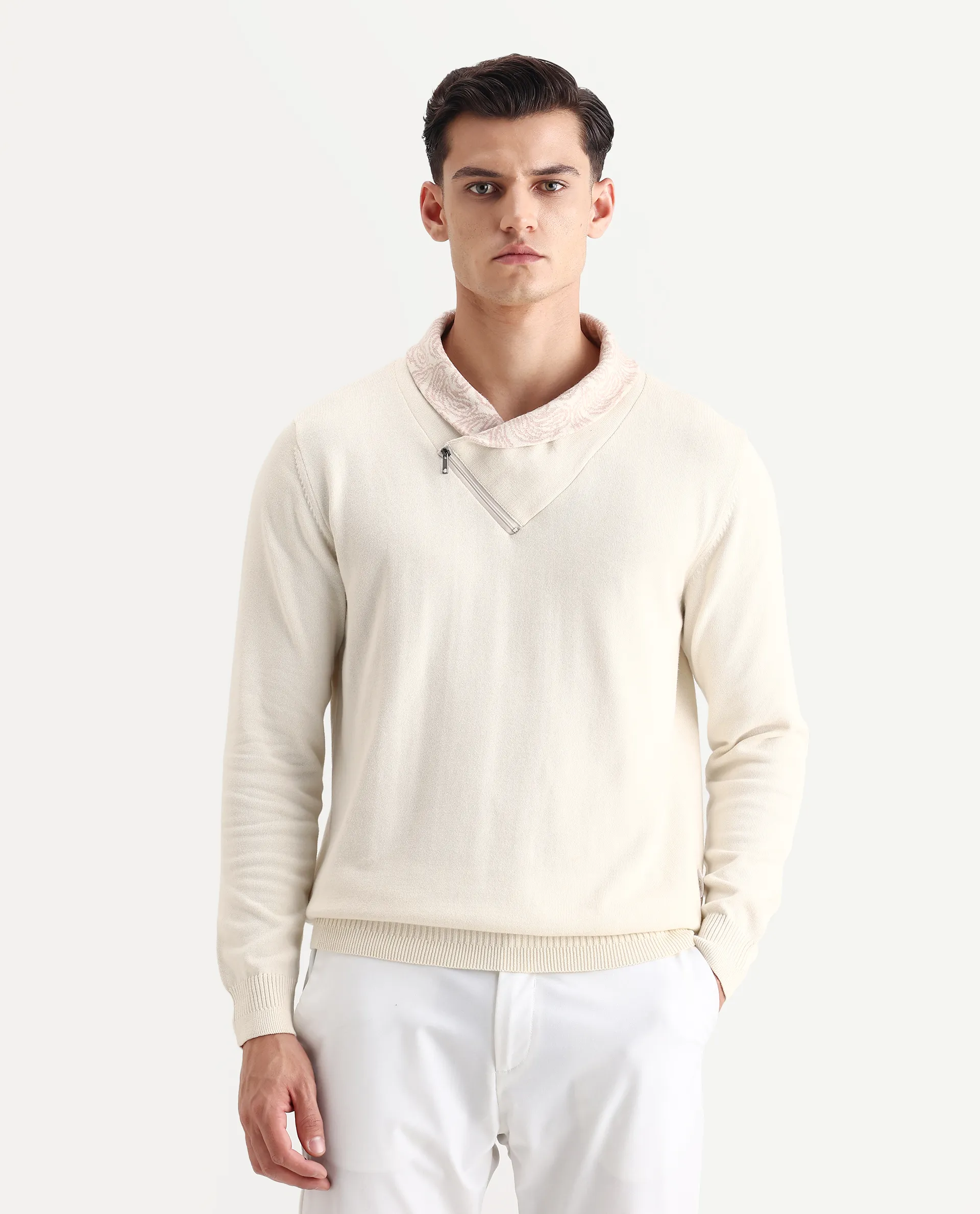 Rare Rabbit Men's Denor Beige Cotton Paisley Print Regular Fit Full Sleeve Cowl Neck Sweater - Image 4