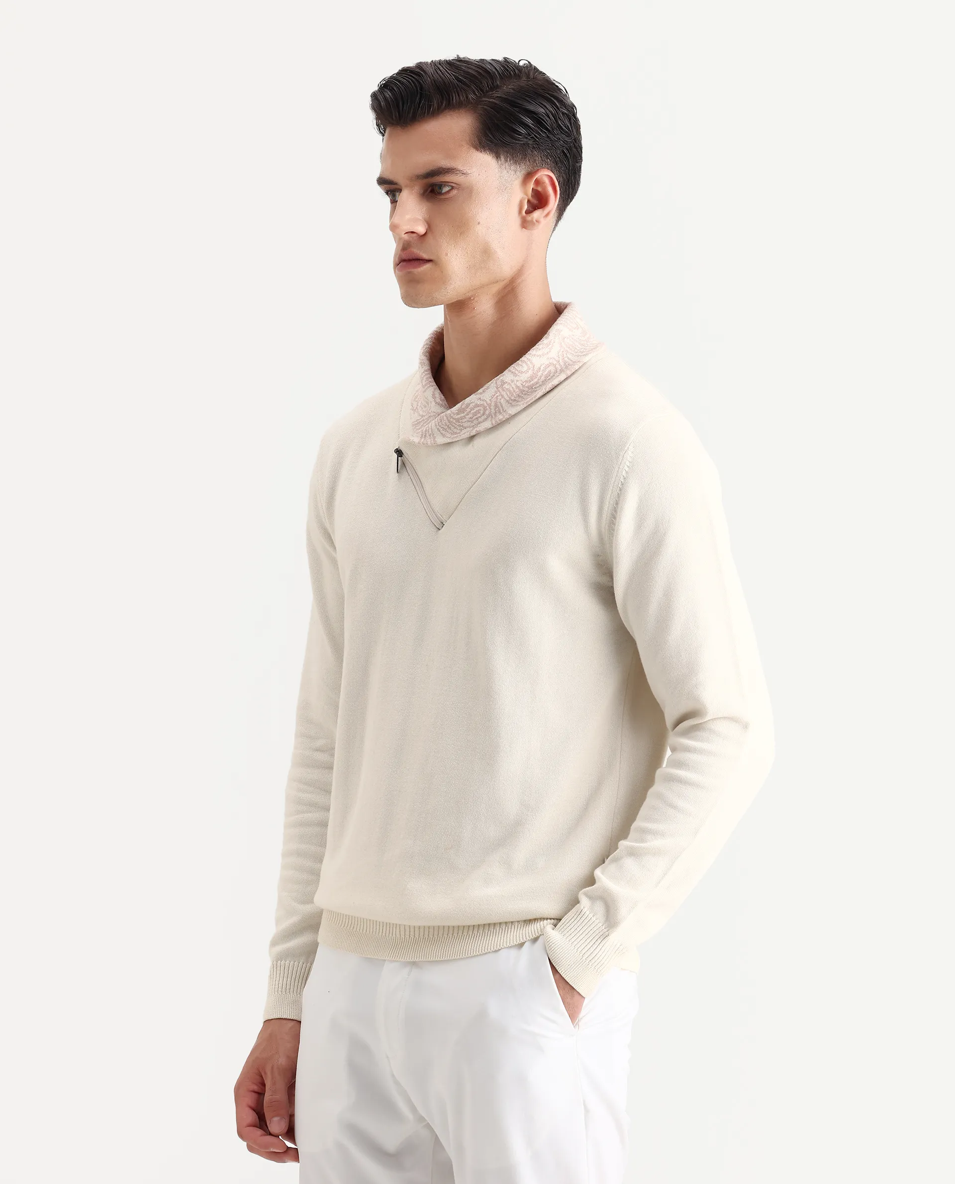 Rare Rabbit Men's Denor Beige Cotton Paisley Print Regular Fit Full Sleeve Cowl Neck Sweater - Image 5