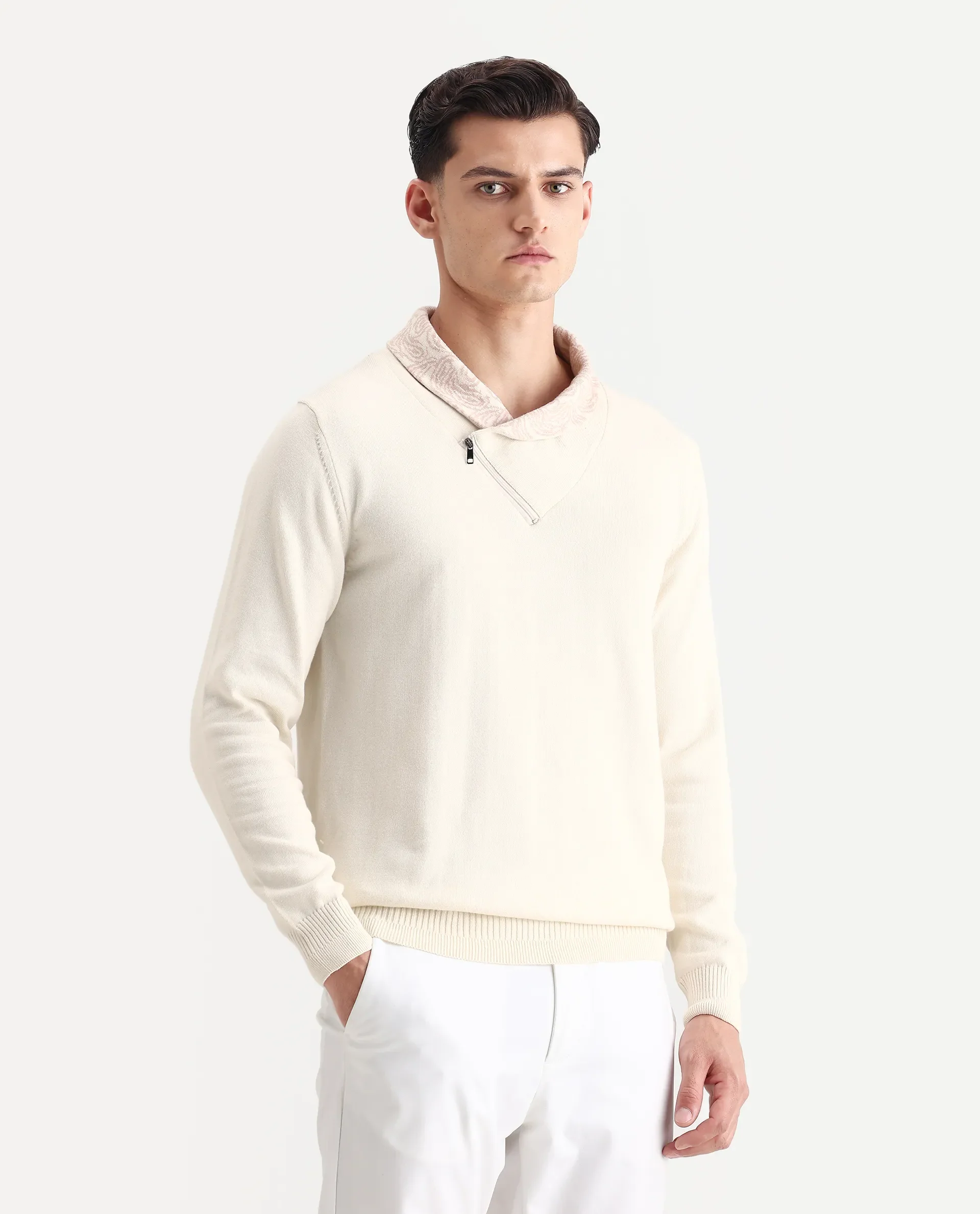 Rare Rabbit Men's Denor Beige Cotton Paisley Print Regular Fit Full Sleeve Cowl Neck Sweater - Image 6