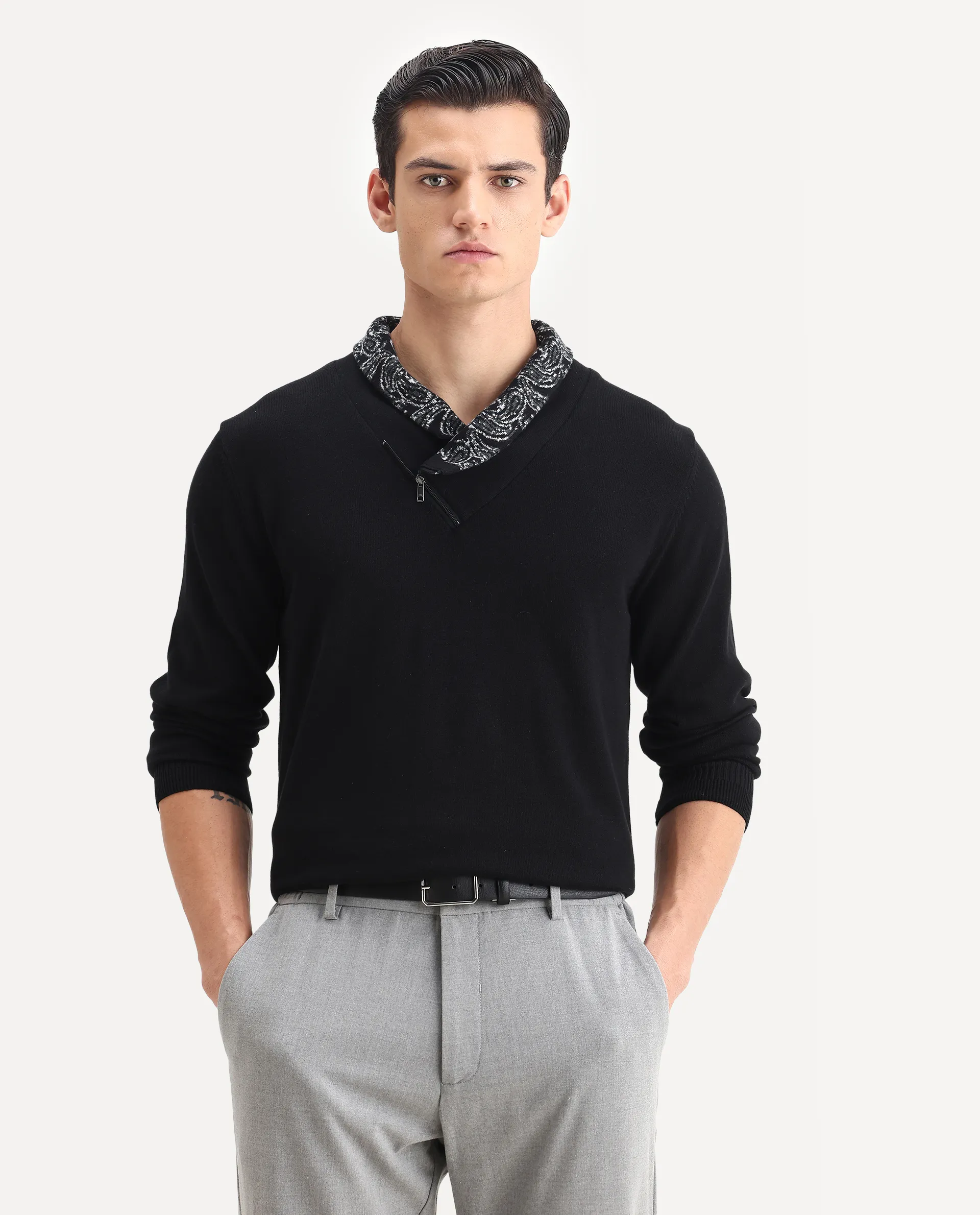 Rare Rabbit Men's Denor Black Cotton Paisley Print Regular Fit Full Sleeve Cowl Neck Sweater - Image 2