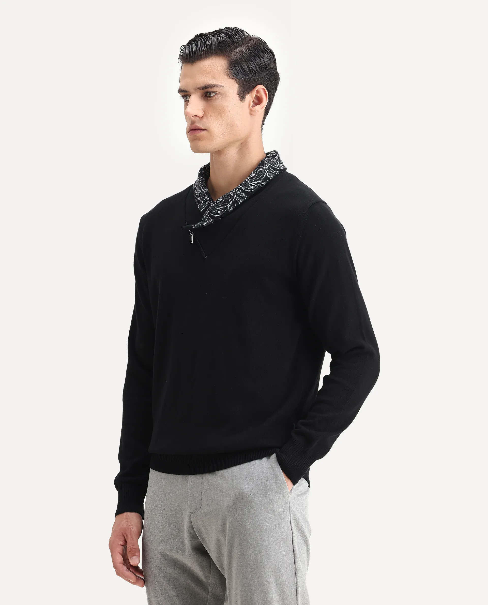 Rare Rabbit Men's Denor Black Cotton Paisley Print Regular Fit Full Sleeve Cowl Neck Sweater - Image 4