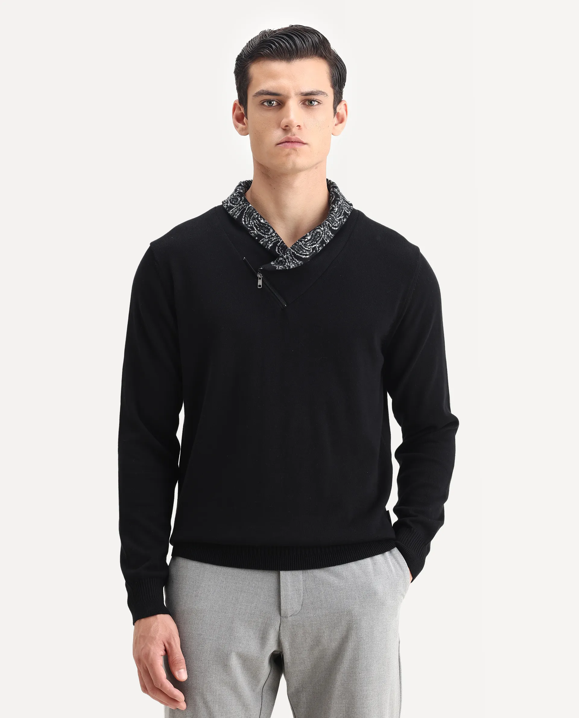 Rare Rabbit Men's Denor Black Cotton Paisley Print Regular Fit Full Sleeve Cowl Neck Sweater - Image 6