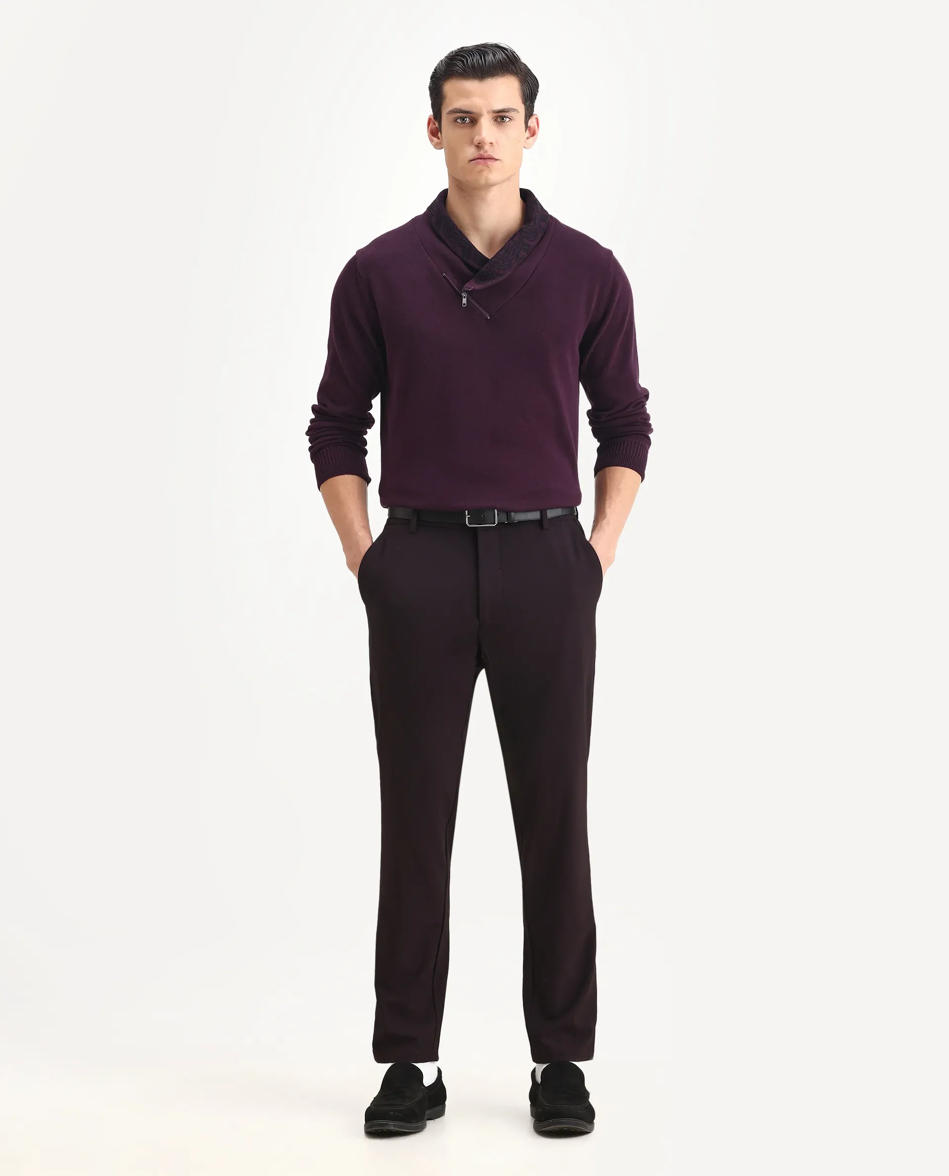 Rare Rabbit Men's Denor Purple Cotton Plain Regular Fit Full Sleeve Cowl Neck Sweater - Image 2