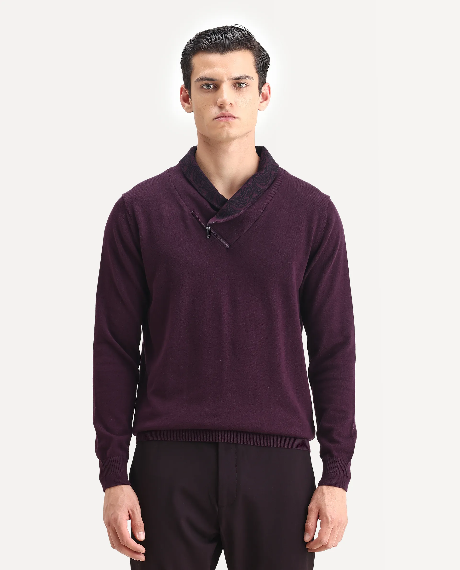 Rare Rabbit Men's Denor Purple Cotton Plain Regular Fit Full Sleeve Cowl Neck Sweater - Image 3